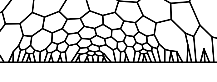 Figure 1: Zoomed O(1) window of a reduced \mathfrak{sl}_3 web in the upper half–plane. The boundary lies on the real line. Moving rightward, i.i.d. boundary moves open and close strands, producing the local web configuration.