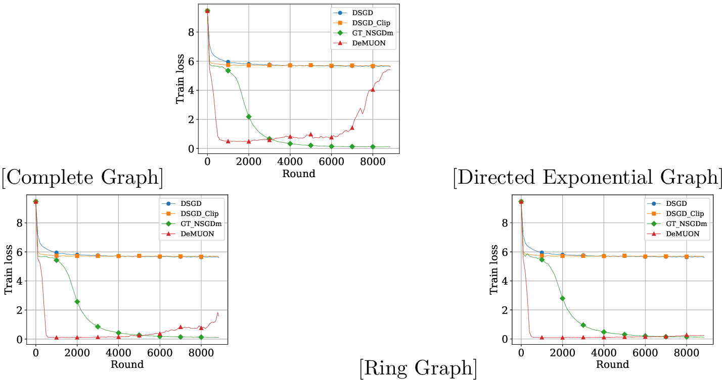 Figure 2: Training losses in decentralized training of Transformer models over complete, directed exponential, and ring graphs.