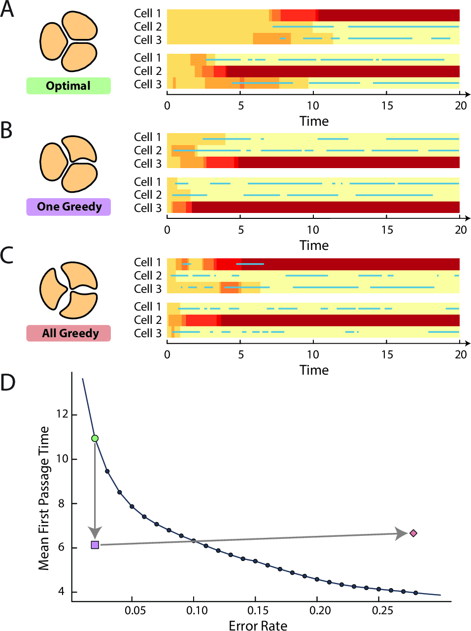 Figure 6: Collective optimal strategy does not appear locally optimal. Example kymographs for (A) all cells collectively optimized (\epsilon=0.02, as in Fig. 2A), (B) optimizing a single cell with the remaining cells fixed, (C) three copies of the individually optimized cell. (D) Speed-error trade-off plot (from Fig. 2A), showing collective optimal strategy (green circle), a single optimized cell with remaining cells fixed (purple square) and three individually optimized cells combined (red diamond).