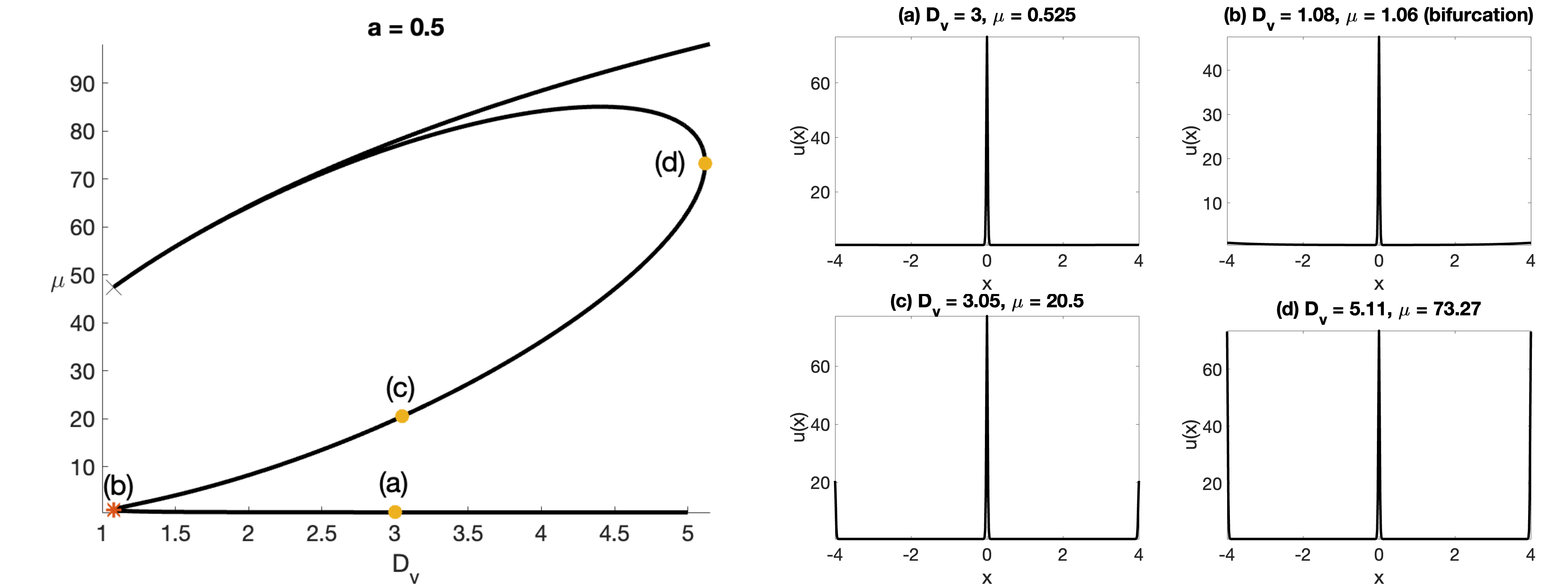 Figure 6: Left panel: Global bifurcation diagram of \mu=u(l) versus D_v for single-spike steady-states for the GM model 1 as computed using pde2path [20] for a = 0.1, b=1, c=1, \delta_1 = 0.01^2 and l = 4. Since a<bc<1, we predict that spike nucleation occurs as D_v is decreased starting from point (a) on the linearly stable lower branch. The red star is the saddle-node point that signifies the onset of spike nucleation behavior. Right panel: Spike profile u(x) and bifurcation values at the indicated points in the left panel.