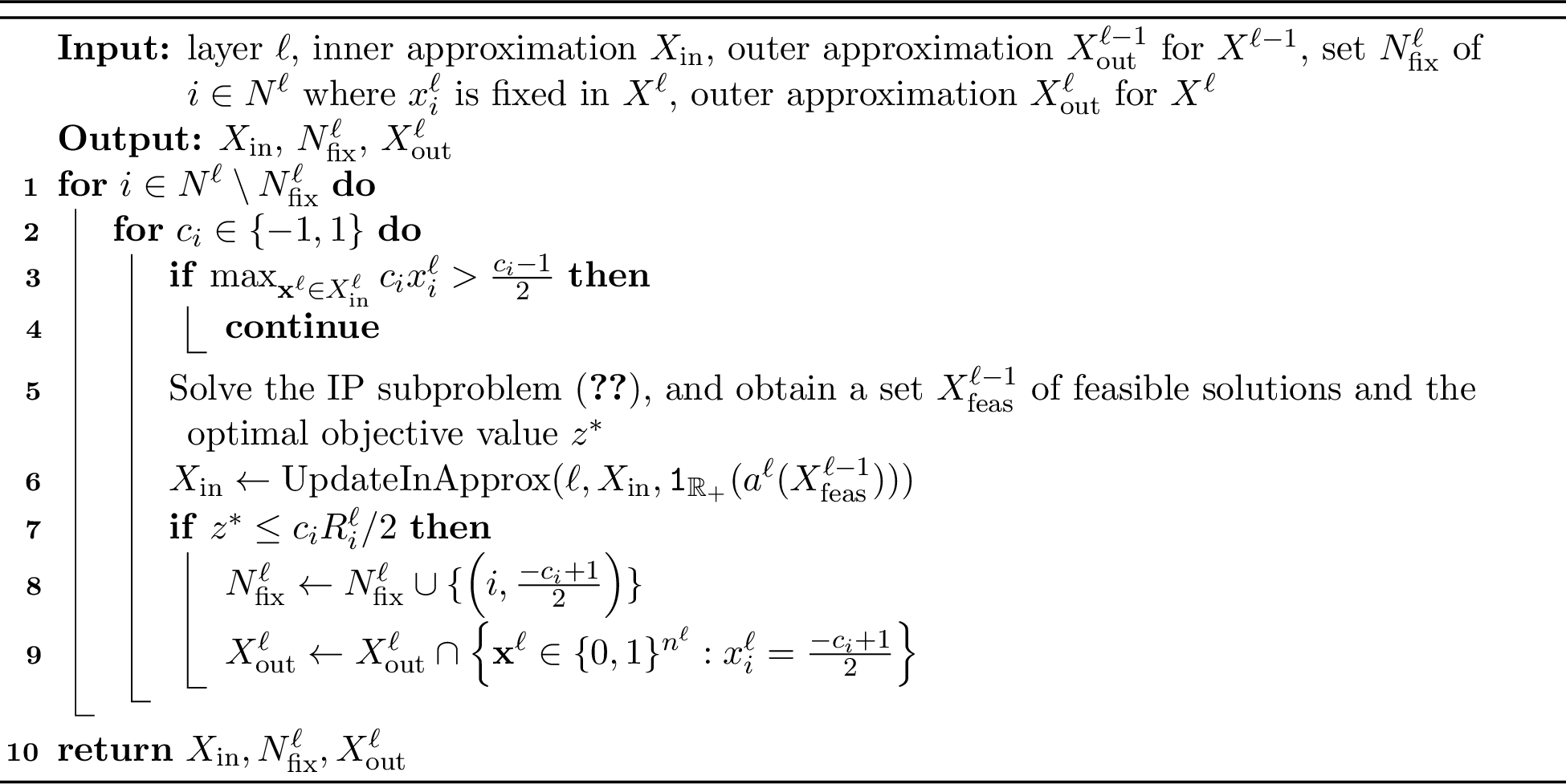 Figure 3: \mathrm{PhaseTwoFixVar}(\ell, X_{\mathrm{in}}, X_{\mathrm{out}}^{\ell- 1}, N_{\mathrm{fix}}^\ell, X_{\mathrm{out}}^\ell)