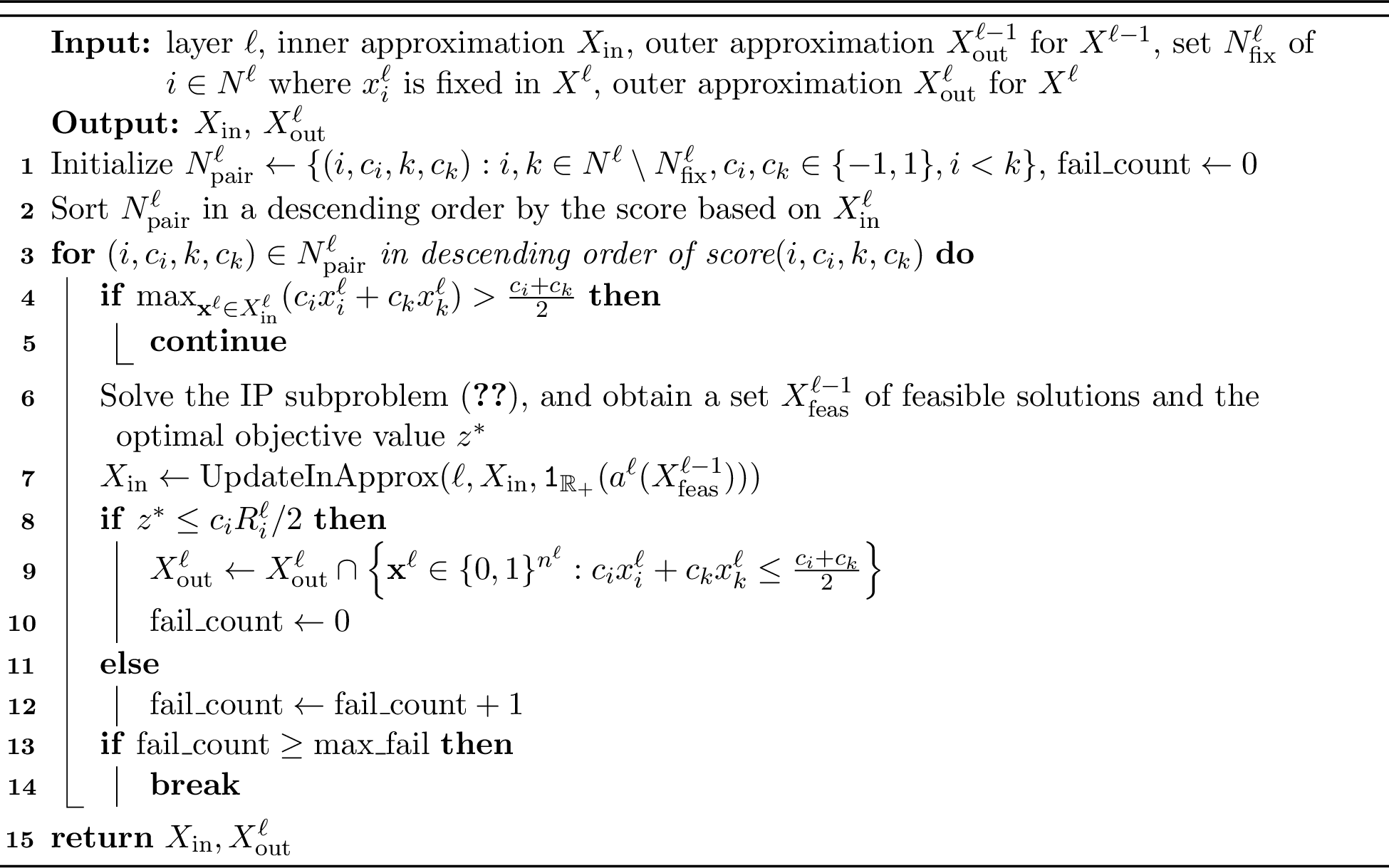 Figure 4: \mathrm{GenTwoVarIneq}(\ell, X_{\mathrm{in}}, X_{\mathrm{out}}^{\ell- 1}, N_{\mathrm{fix}}^\ell, X_{\mathrm{out}}^\ell)