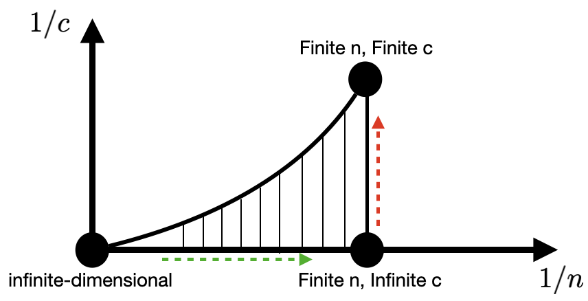 Figure 1: Conceptual pathway from infinite- to finite-dimensional formulations. The origin (n,c) = (\infty,\infty) represents the infinite-dimensional setting, where well-posedness is established. The green arrow reduces the parameter space to finite dimension while keeping data abundant, leading to the semi-infinite case. The red arrow then reduces the data to finitely many experiments, posing the key challenges of identifiability and data selection.