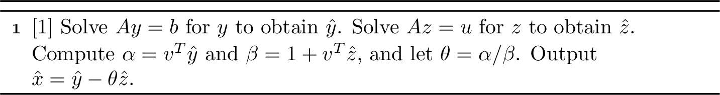 Figure 1: SM: Sherman-Morrison formula for solving (A+uv^T)x = b. It is assumed that linear systems with A can be solved efficiently.
