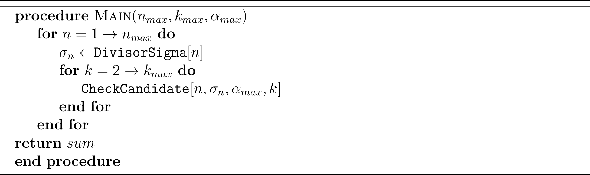 Figure 2: Finding spoof multiperfect numbers of different orders, given the defined limits n_{max}, k_{max}, and \alpha_{max}