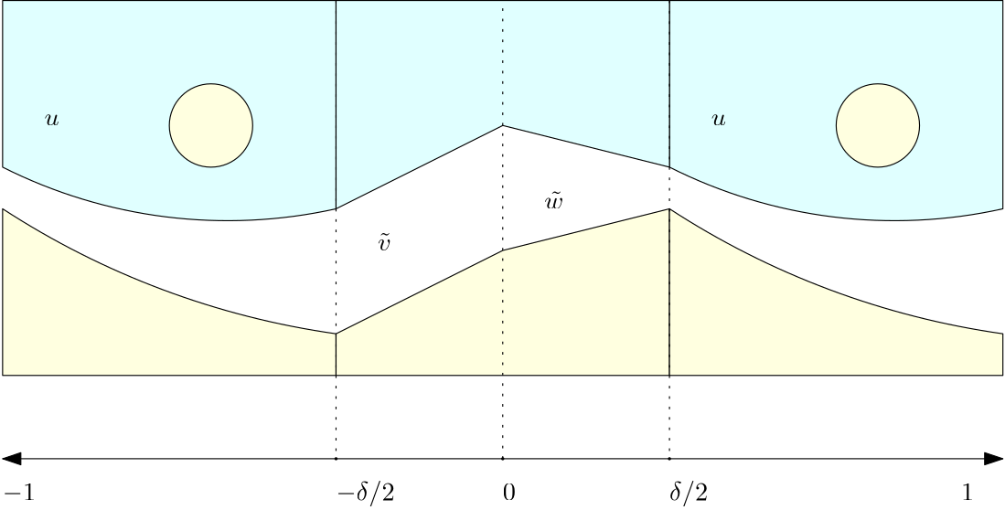 Figure 2: A visualisation of the glueing procedure used in the proof of Theorem 2. The map \tilde{v} and \tilde{w} are given by Lemma 6 and Lemma 7.