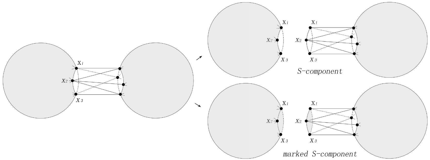 Figure 4: An example of S-decomposition and marked S-decomposition of \mathbb{R}^3-hypergraph.