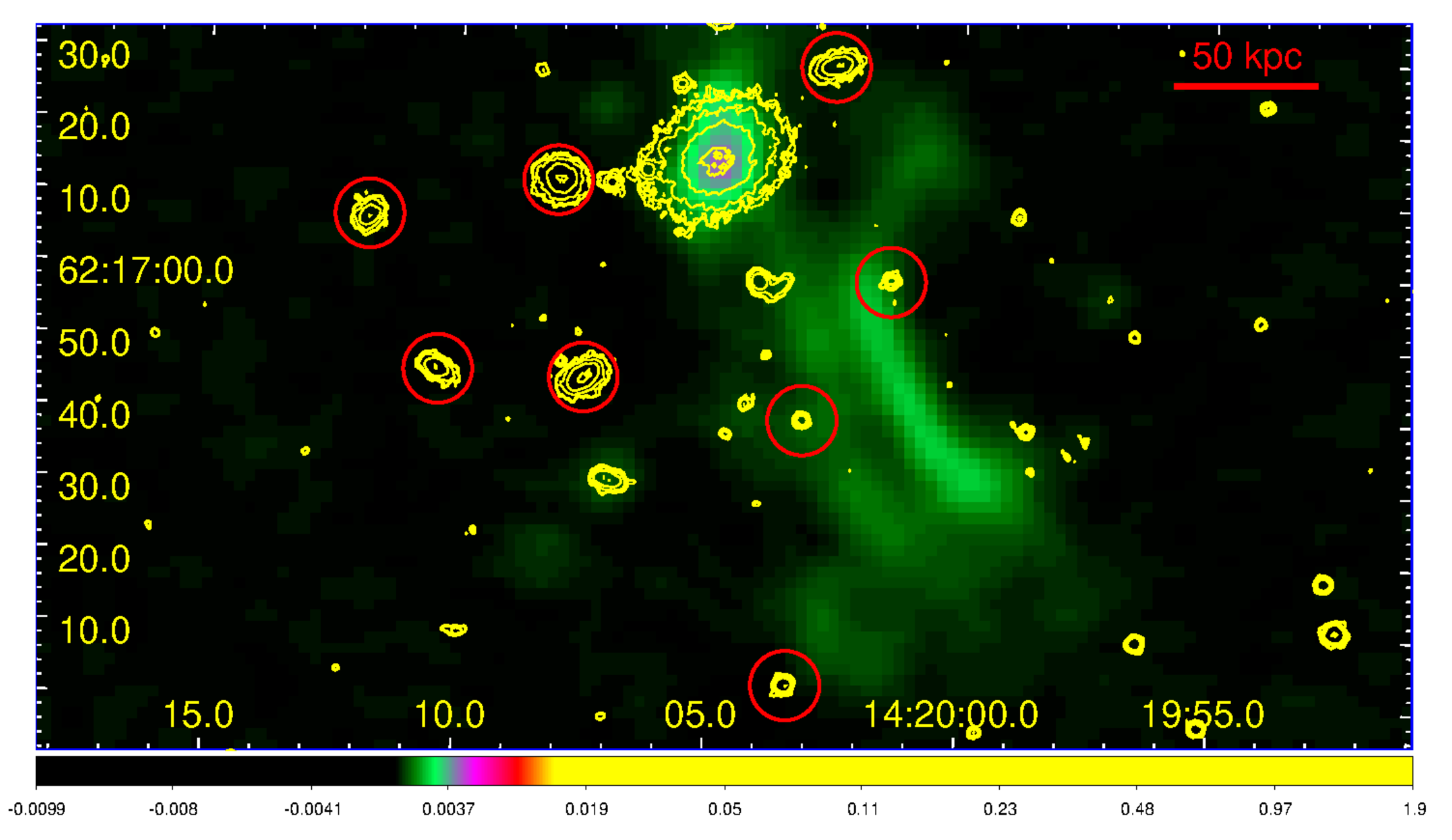 Figure 5: A false colour radio image from LoTSS with 6angular resolution has been superposed with contours (yellow) of the optical image from BASS. Galaxies which are possible members of the cluster have been marked with a red circle.