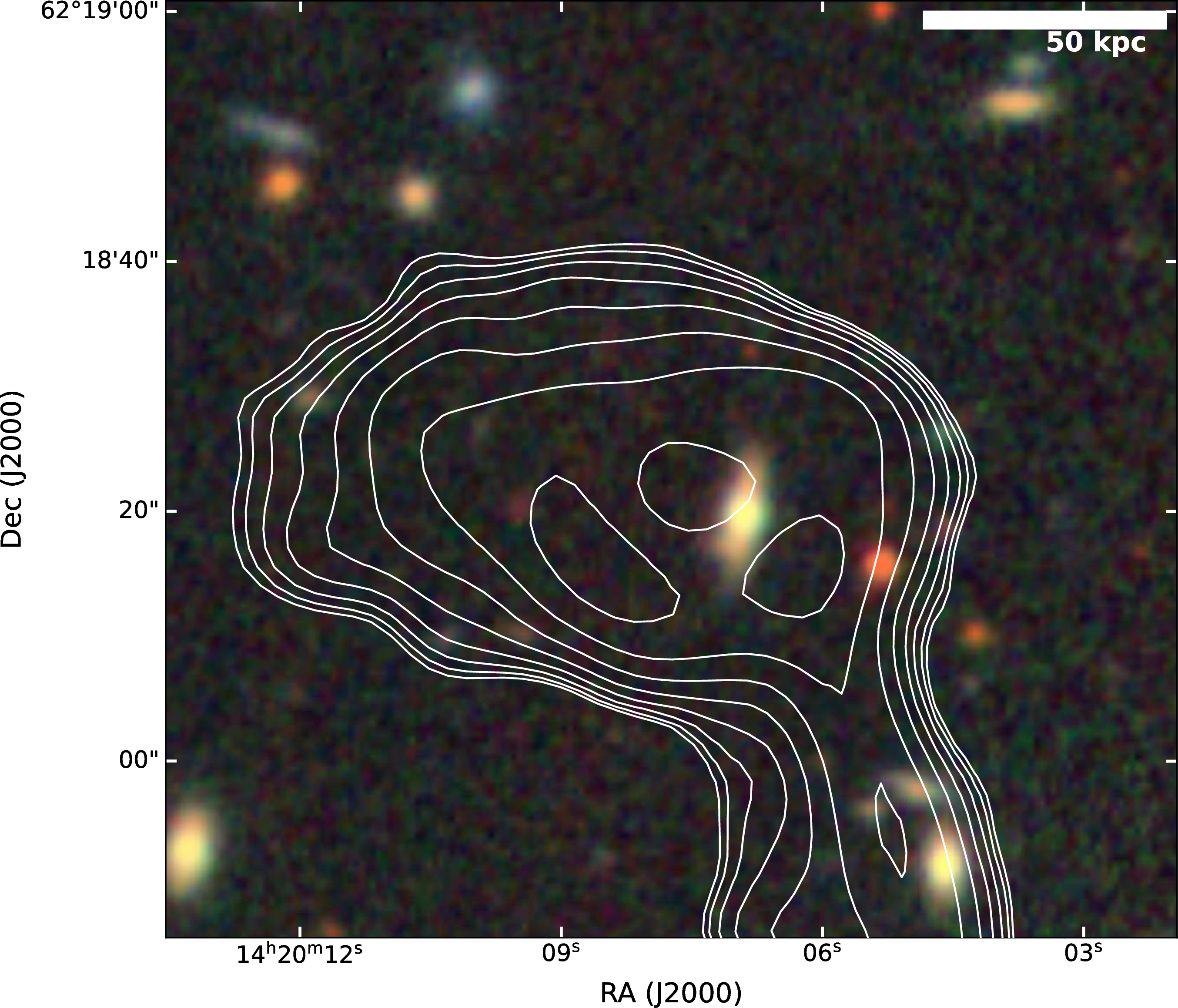 Figure 4: Similar to the right sub-figure of Fig. 3 but zoomed in on the northern ring region to highlight structural details around the companion galaxy (RA = 14^{\rm h}20^{\rm m}06\fs87, Dec =+62^{\circ}18'19\farcs1).