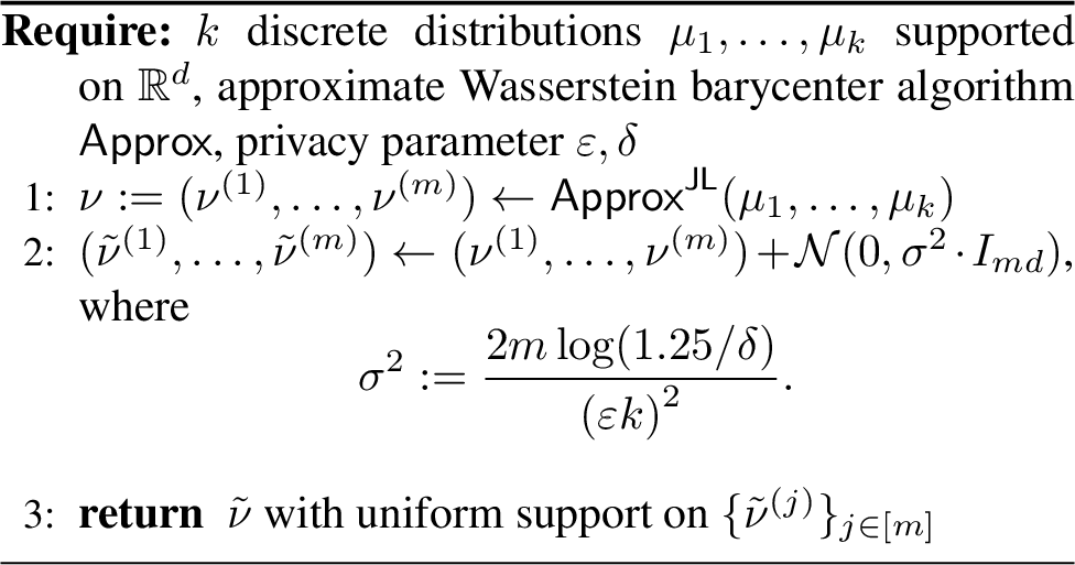 Figure 3: \mathsf{OutputPerturbationBarycenter}^{\varepsilon,\delta}