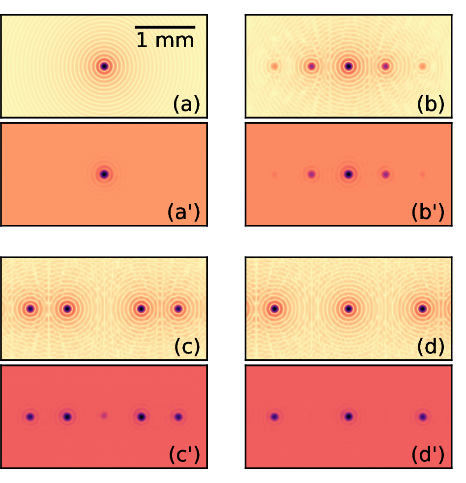 Figure 4: Four examples of simulation results. In (a) a control image is shown for when the perturbation is set to 0, in (b) a perturbation is shown for h=\pi/4, we can see the interference between multiple spots. In (c) and (d) the perturbation is set such that we obtain a zero for J_0(h) and J_1(h) respectively. The simulations are accompanied by the corresponding simulation, indicated with an accent.