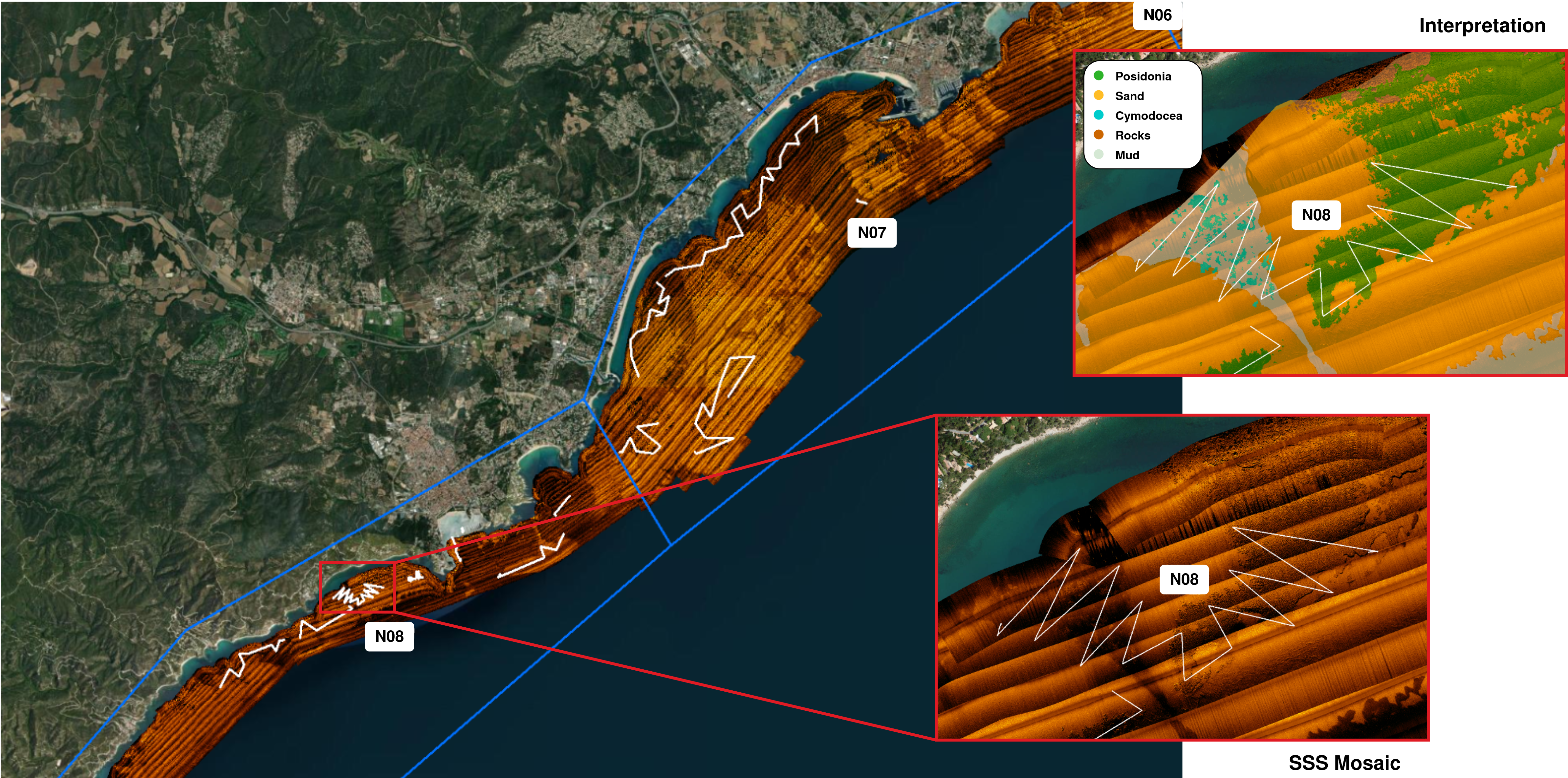 Figure 4: Overview of the optical transects, depicted as white lines, across the surveyed areas in sectors N07 and N08. The basemap was provided via Esri ArcGIS using OpenStreetMap data. For more information, visit https://www.arcgis.com/home/item.html?id=b834a68d7a484c5fb473d4ba90d35e71 (last access: 15 July 2026).