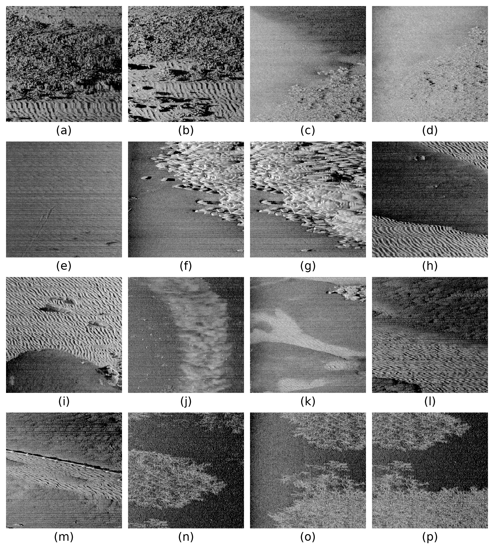 Figure 6: Samples of SSS tiles generated from sector N07 waterfalls.