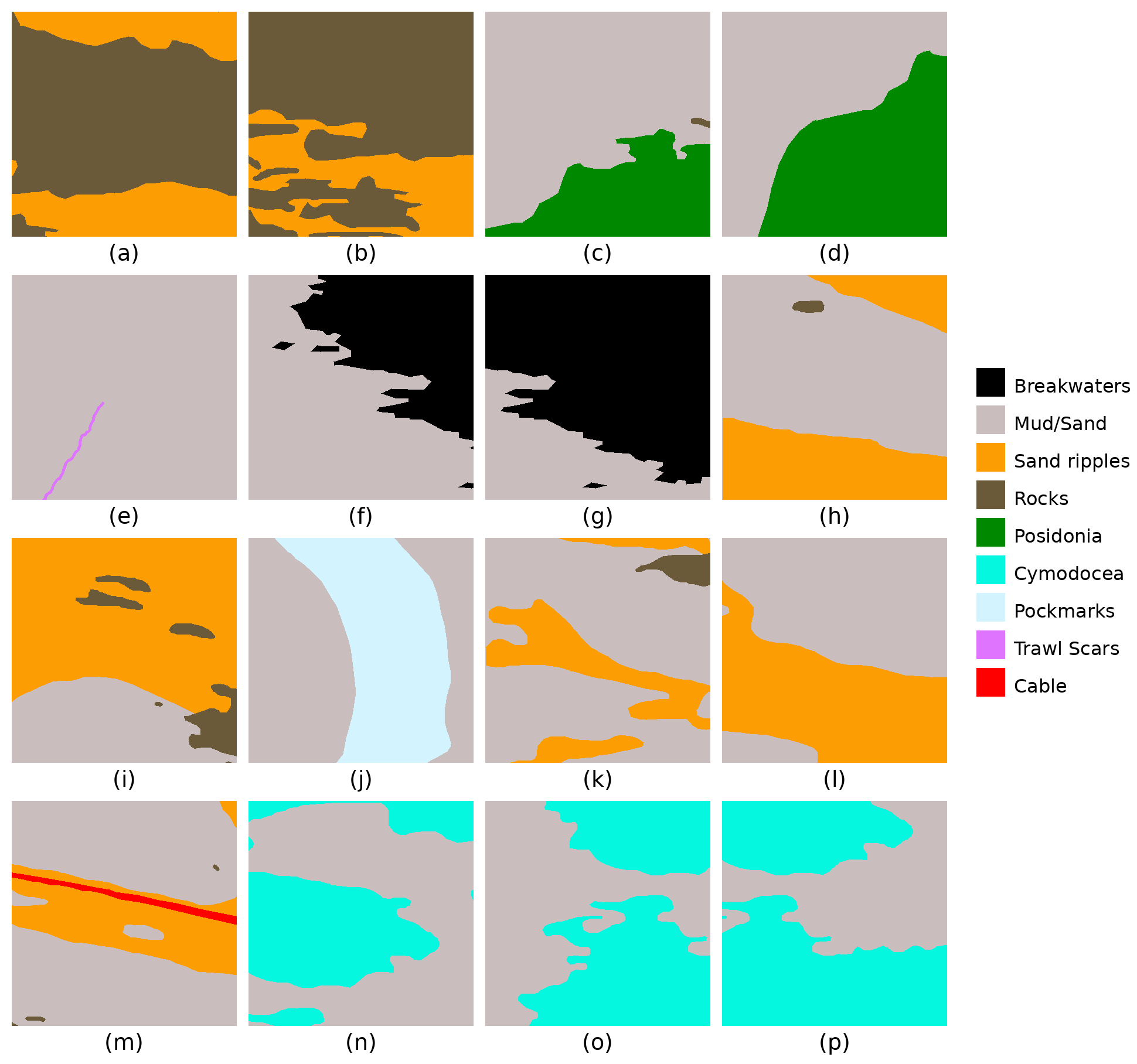 Figure 7: Segmentation masks corresponding to the SSS tiles from sector N07 shown in Fig. 6.