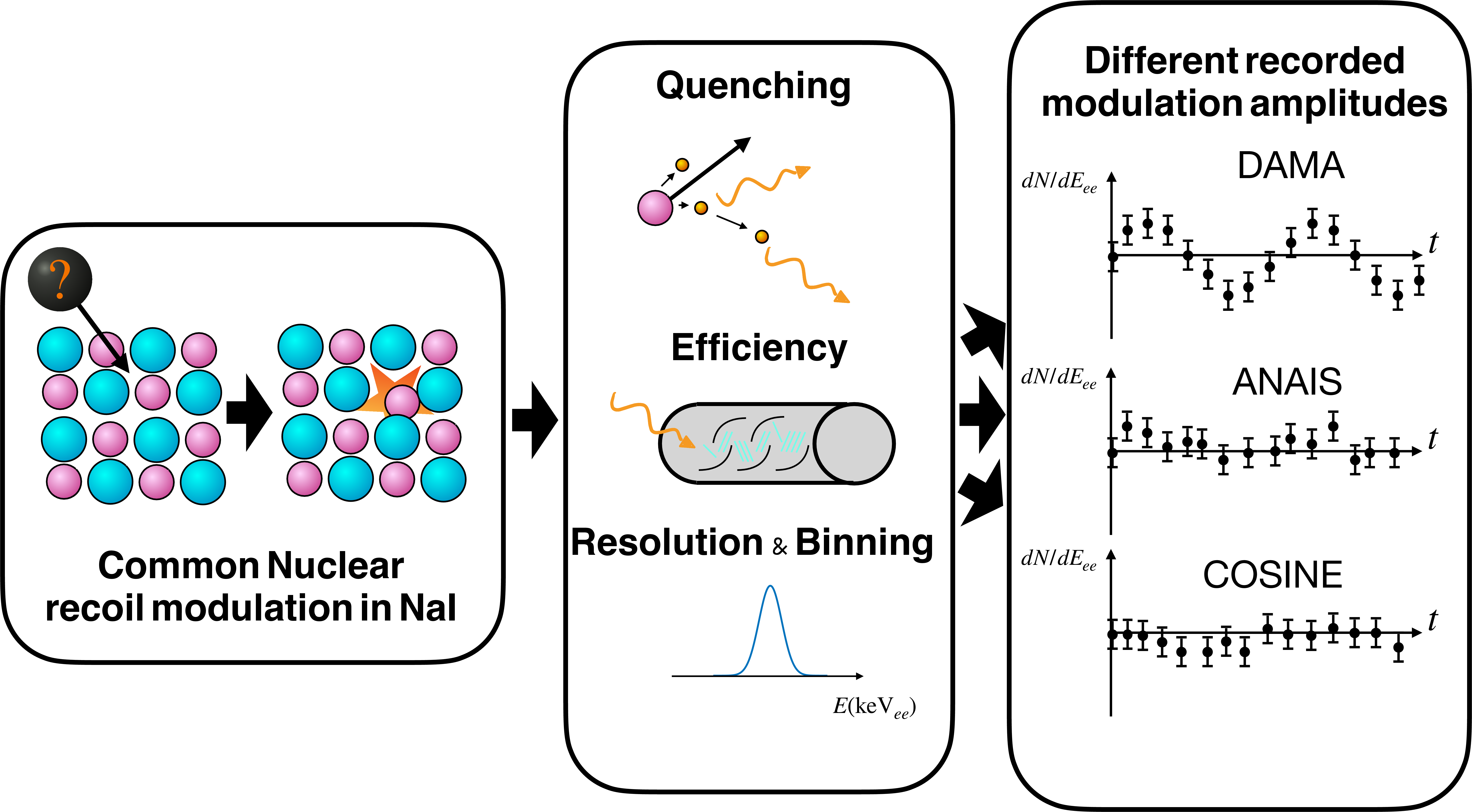 Figure 1: A schematic diagram of how we arrive at a predicted modulation spectrum. The calculation starts with a common nuclear recoil spectrum and takes into account differences in resolution, binning, and quenching factors to determine expected modulation rates, which could vary substantially between the various experiments.