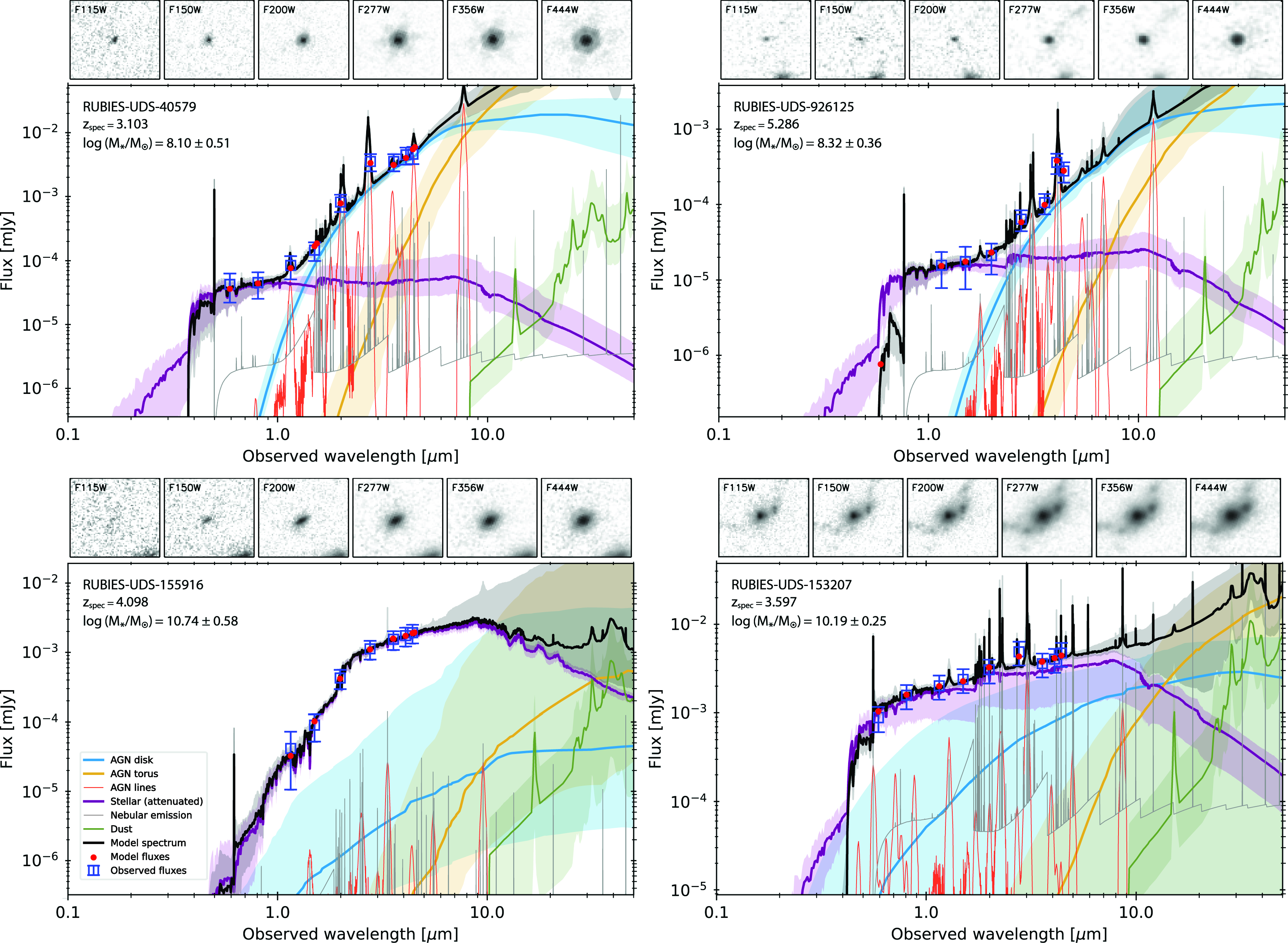 Figure 5: Examples of our SED fits with GRAHSP. The total model is shown in black, while individual galaxy and AGN components are represented by the various colored lines (see legend for details). The posterior mean (solid line) and 2 sigma equivalent uncertainties (shaded areas) are shown for each component. Observed fluxes are shown as blue squares with 3\sigma error bars and predicted model fluxes are shown as red points. NIRCam images on the upper panel are 2.0^{\prime\prime}\times~2.0^{\prime\prime} in size. The top two sources (RUBIES-UDS 40579 and RUBIES-UDS 926125) are LRDs with their distinctive “v-shaped" SEDs.