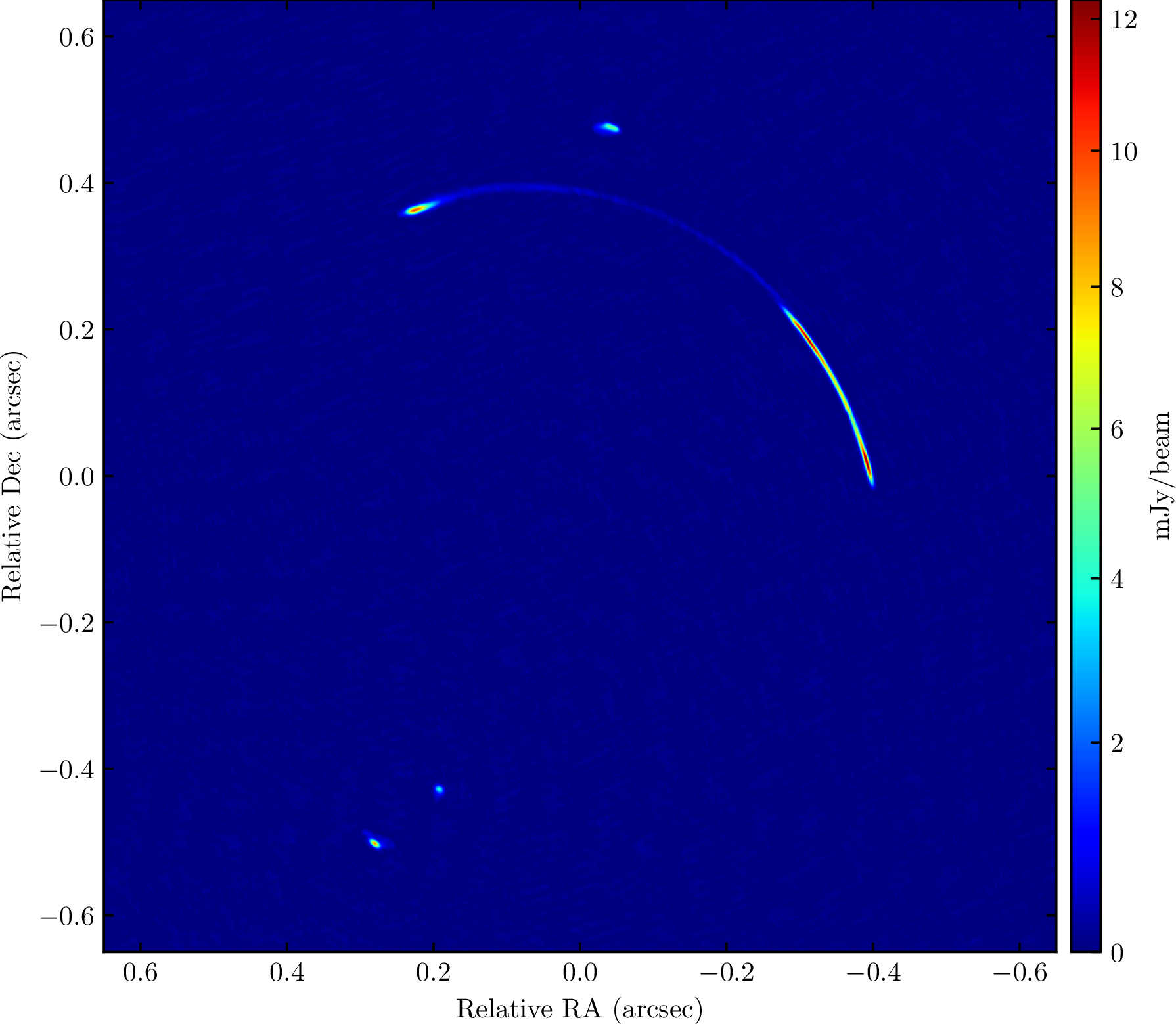 Figure 1: The Bayesian forward modelling deconvolution of the global VLBI imaging of JVAS B1938+666 at 1.7 GHz. The image has an rms of 34.3 \muJy beam^{-1} and the deconvolved image has been made with a restoring beam of 7.4\times4.7 mas^{2} at a position angle of 32.1 deg east of north. The centre of the image is {\rm RA}=19^{\rm h}38^{\rm m}25\fs3407, {\rm Dec}= +66°48\arcmin52\farcs809\,40 (J2000).