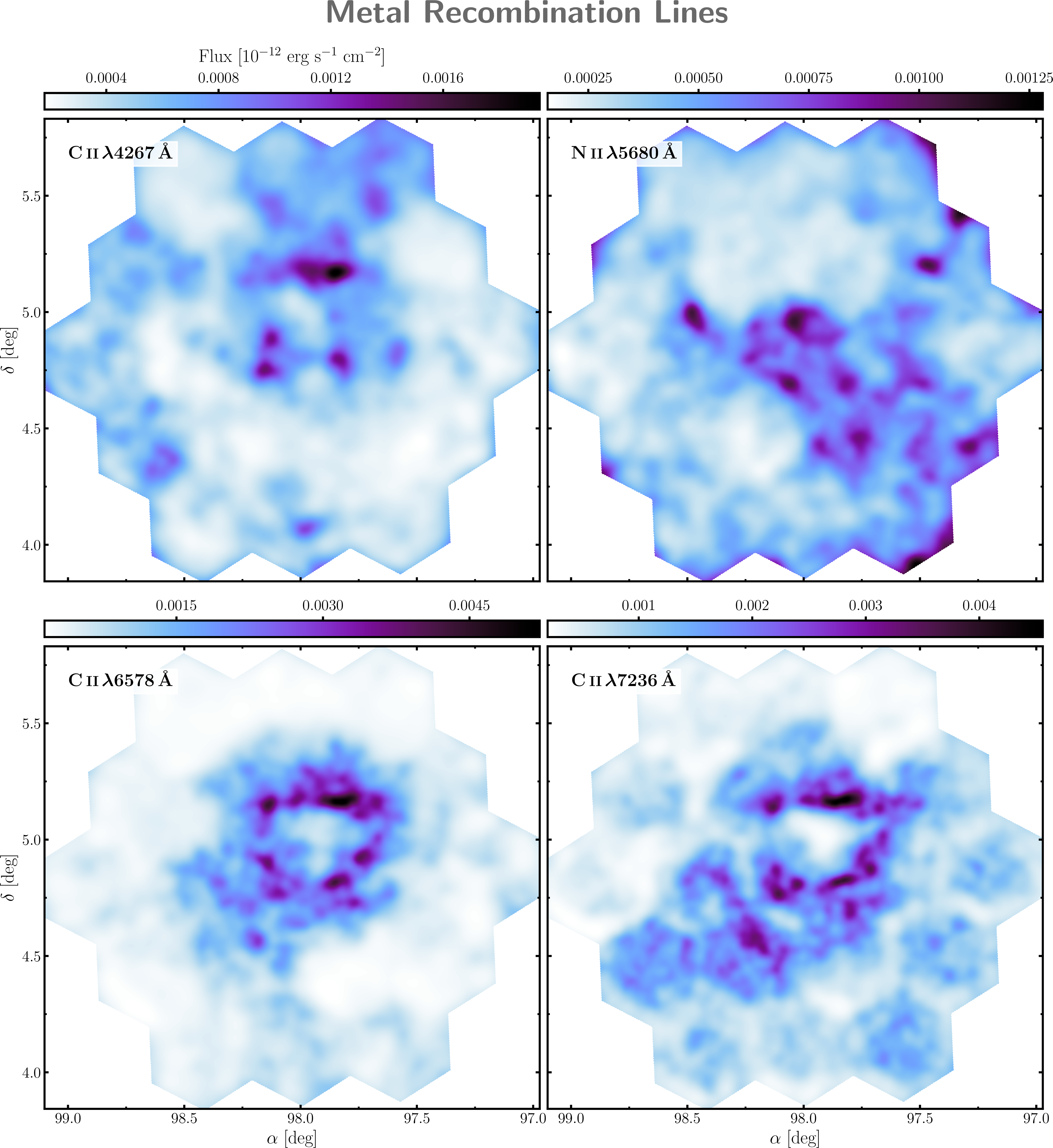 Figure 5: Similar to Figure 2, but for  \lambda​4267,  \lambda​5680,  \lambda​6578 and  \lambda​7236. Note that  \lambda​6578 and  \lambda​7236 have both recombination and permitted contributions due to fluorescence. All these lines are at least 1000 times weaker than H\alpha. These maps suffer from some artefacts due to their very low S/N, but the spatial structure of the nebula is still resolved.