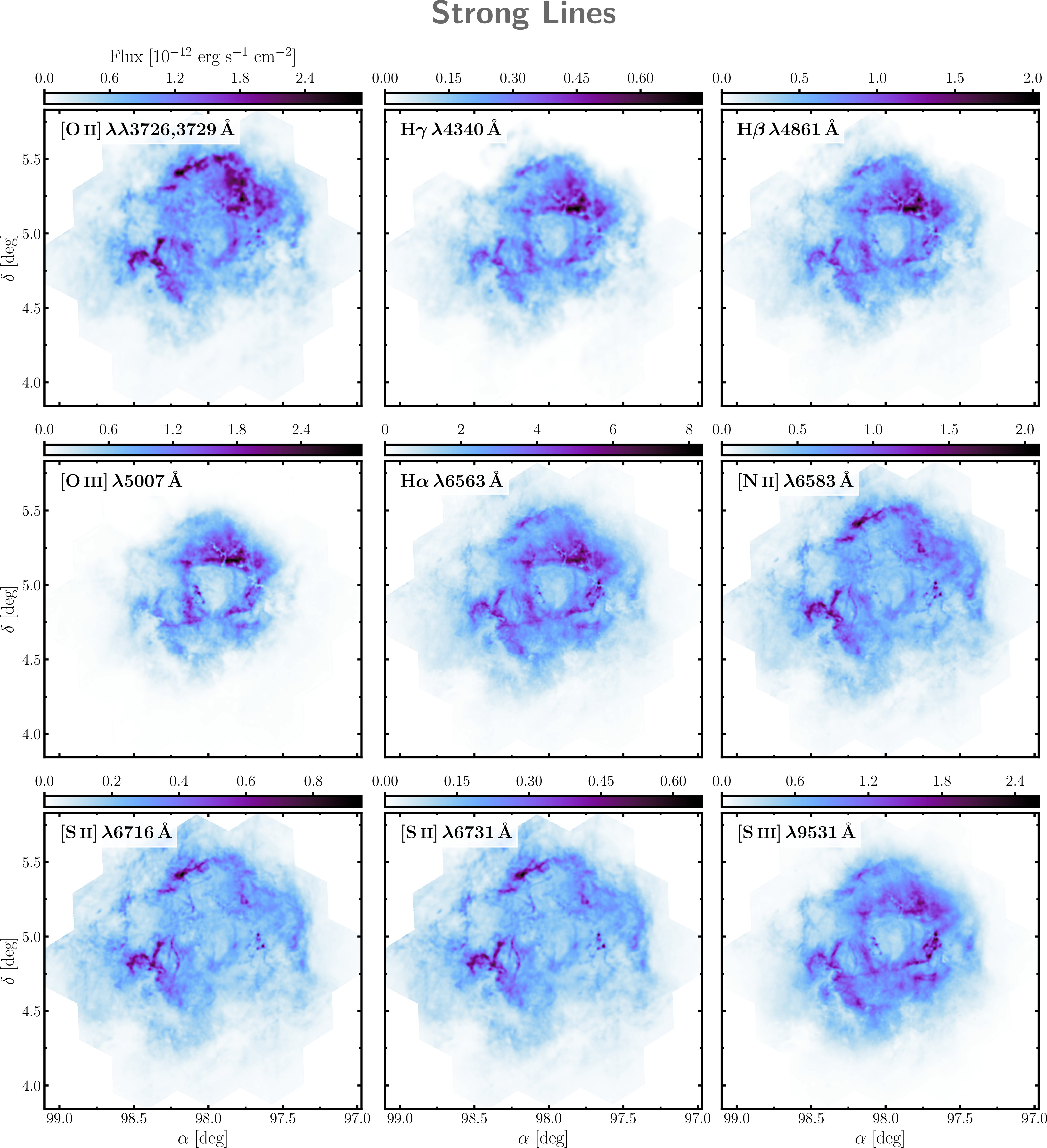 Figure 2: Flux intensity maps for the chosen strong emission lines, in units of 10^{-12} \, \mathrm{erg \, s^{-1} \, cm^{-2}}. The lines are ordered by increasing wavelength from left to right, top to bottom. The maps cover a contiguous region of the Rosette Nebula, from 19 LVM pointings or “tiles”. These maps show the flux continuously across the sky, rather than just at the fibre positions. No interpolation is performed; the values are computed directly from the model F({\boldsymbol{x}}) inferred from the data, on a dense grid of sky locations. The strength of the lines varies by about one order of magnitude, with H\alpha being the strongest, and H\gamma the weakest.