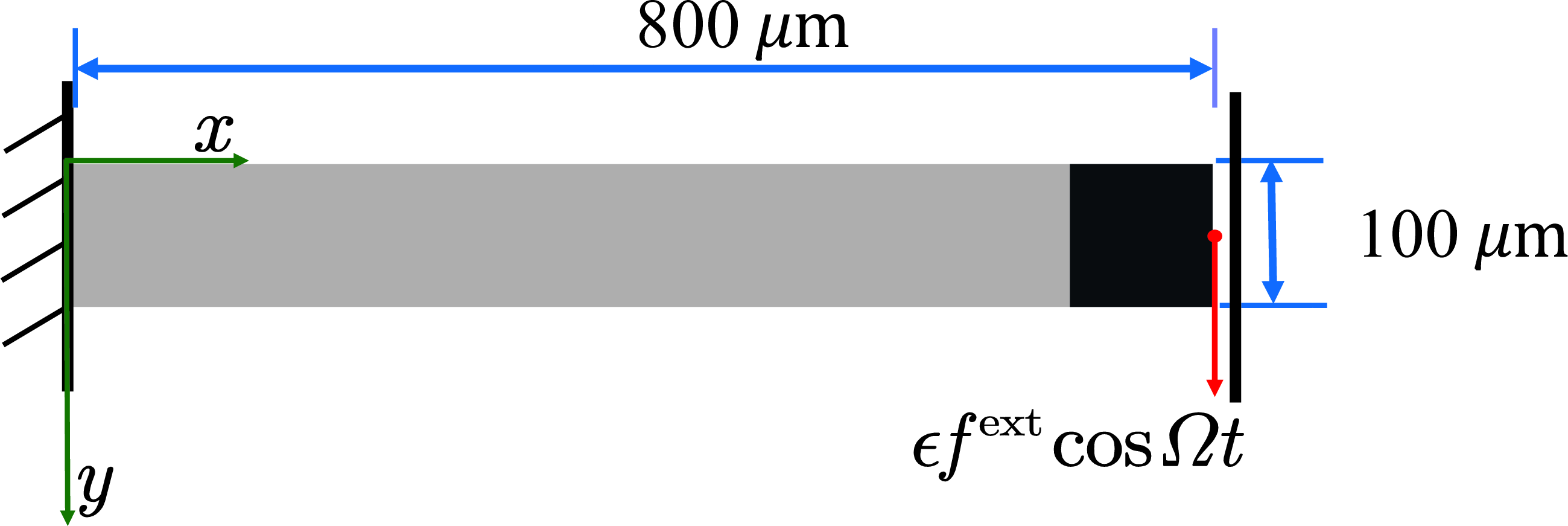 Figure 1: Initial layout of the half MBB beam considered in the example of Sec. 5.1. The total domain is 800 \mathrm{\mu m} long and 100 \mathrm{\mu m} high, and includes a non-design region of 100 \mathrm{\mu m} in length. The gray area represents the designable region, while the black area indicates the fixed non-design region.