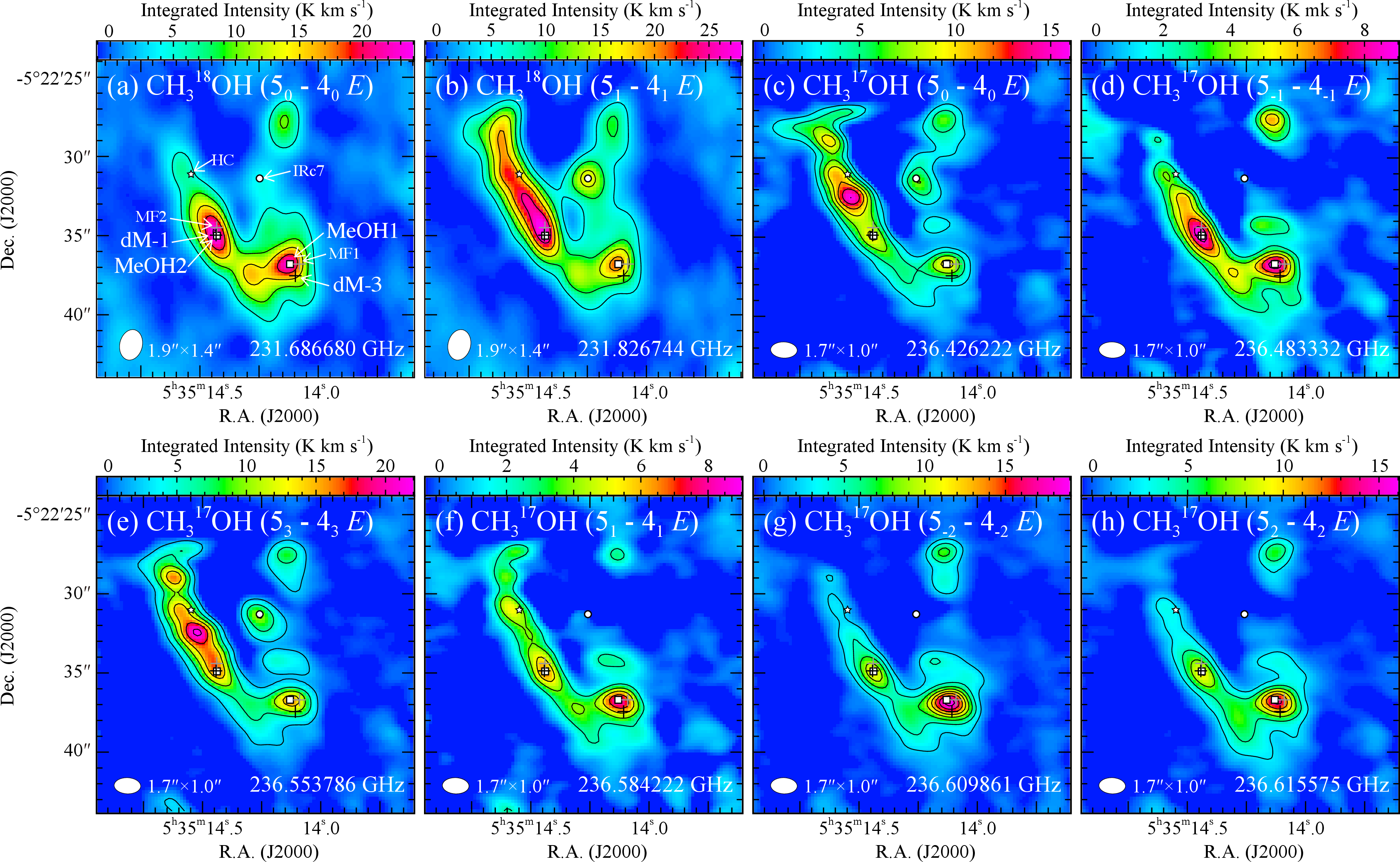 Figure 4: Integrated intensity maps of (a) CH_3 ^{18}OH (5_0 - 4_0 E), (b) CH_3 ^{18}OH (5_1 - 4_1 E), (c) CH_3 ^{17}OH (5_0 - 4_0 E), (d) CH_3 ^{17}OH (5_{-1} - 4_{-1} E), (e) CH_3 ^{17}OH (5_3 - 4_3 E), (f) CH_3 ^{17}OH (5_1 - 4_1 E), (g) CH_3 ^{17}OH (5_{-2} - 4_{-2} E), and (h) CH_3 ^{17}OH (5_2 - 4_2 E). The contour levels are (a) from 4.8 K km s^{-1} (3\sigma) to 19.2 K km s^{-1} with a 4.8 K km s^{-1} step, (b) from 4.8 K km s^{-1} (3\sigma) to 24.0 K km s^{-1} with a 4.8 K km s^{-1} step, (c) from 2.3 K km s^{-1} (3\sigma) to 11.3 K km s^{-1} with a 2.3 K km s^{-1} step, (d) from 2.3 K km s^{-1} (3\sigma) to 8.4 K km s^{-1} with a 1.5 K km s^{-1} step, (e) from 2.3 K km s^{-1} (3\sigma) to 21.3 K km s^{-1} with a 3.8 K km s^{-1} step, (f) from 4.8 K km s^{-1} (3\sigma) to 8.4 K km s^{-1} with a 1.5 K km s^{-1} step, (g) from 4.8 K km s^{-1} (3\sigma) to 18.2 K km s^{-1} with a 2.3 K km s^{-1} step, and (h) from 2.3 K km s^{-1} (3\sigma) to 13.6 K km s^{-1} with a 2.3 K km s^{-1} step. White ellipses at the left bottom corner indicate the synthesized beams. The symbols shown in the maps are the same as those in Figure 1.