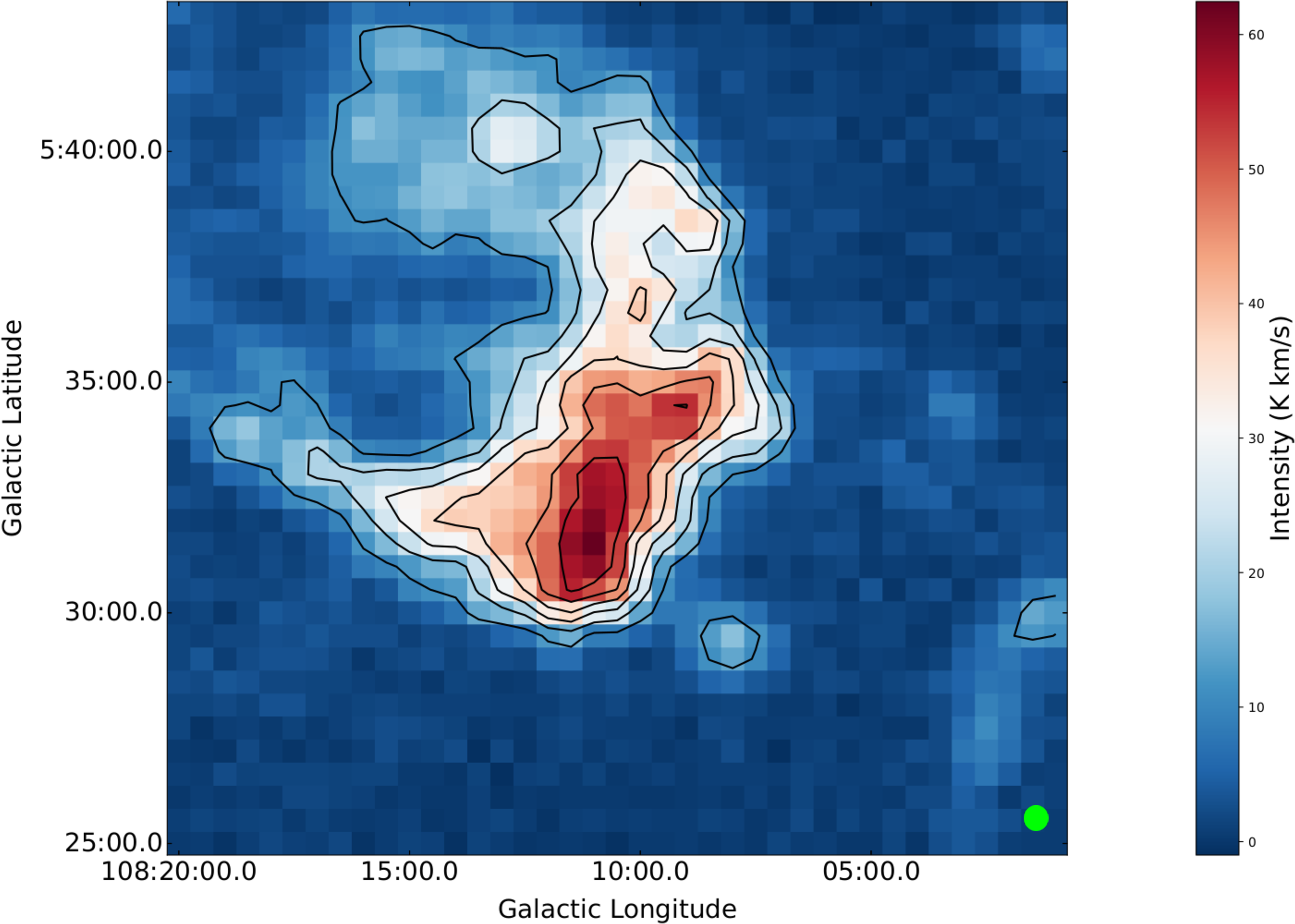 Figure 5: ^{12}CO contour map of the region. Velocity range is between -13 km s^{-1} and -5 km s^{-1}. The contour levels are 11.1, 19.7, 28.2, 36.8, 45.3, 53.9, 62.5 K km s^{-1}. Beam size is shown in bottom right (50^{\prime\prime}).