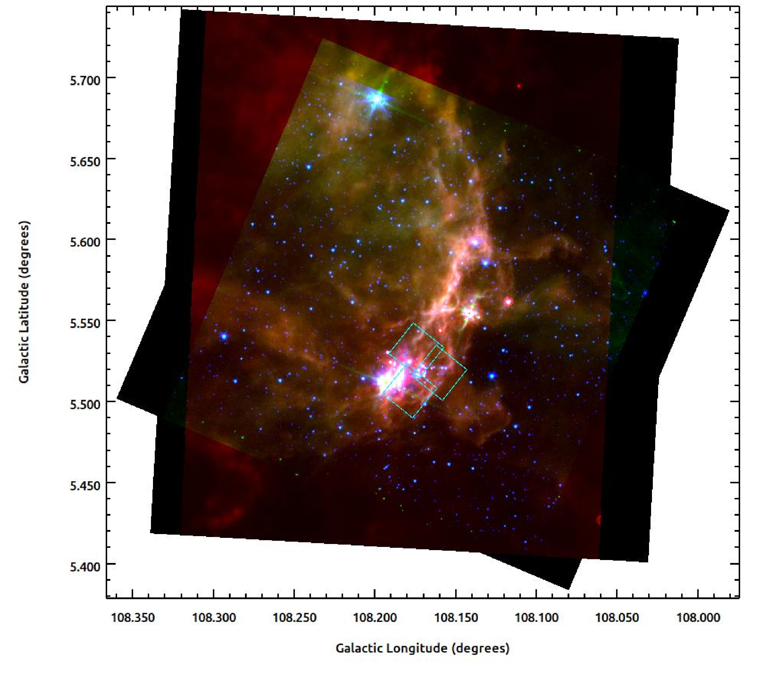 Figure 1: RGB image of the BRC 44 using Spitzer IRAC 3.6 \mum (Blue), Spitzer IRAC 5.8 \mum (Green), and Spitzer MIPS 24 \mum(Red) data. The area observed using TIRCAM2 is shown using boxes.