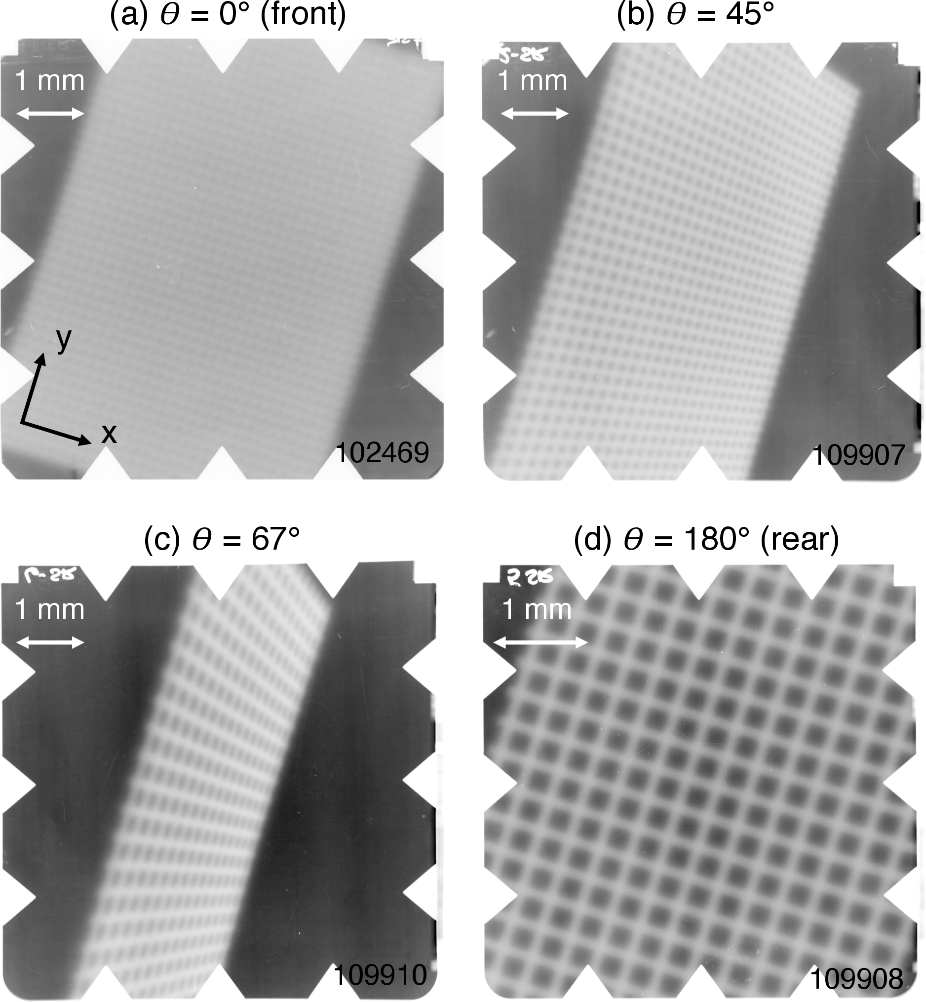 Figure 9: X-ray image plate data used to recover the unperturbed proton locations for each view angle. These images were used in tandem with Fig. 2 in the main text to determine the proton deflections.
