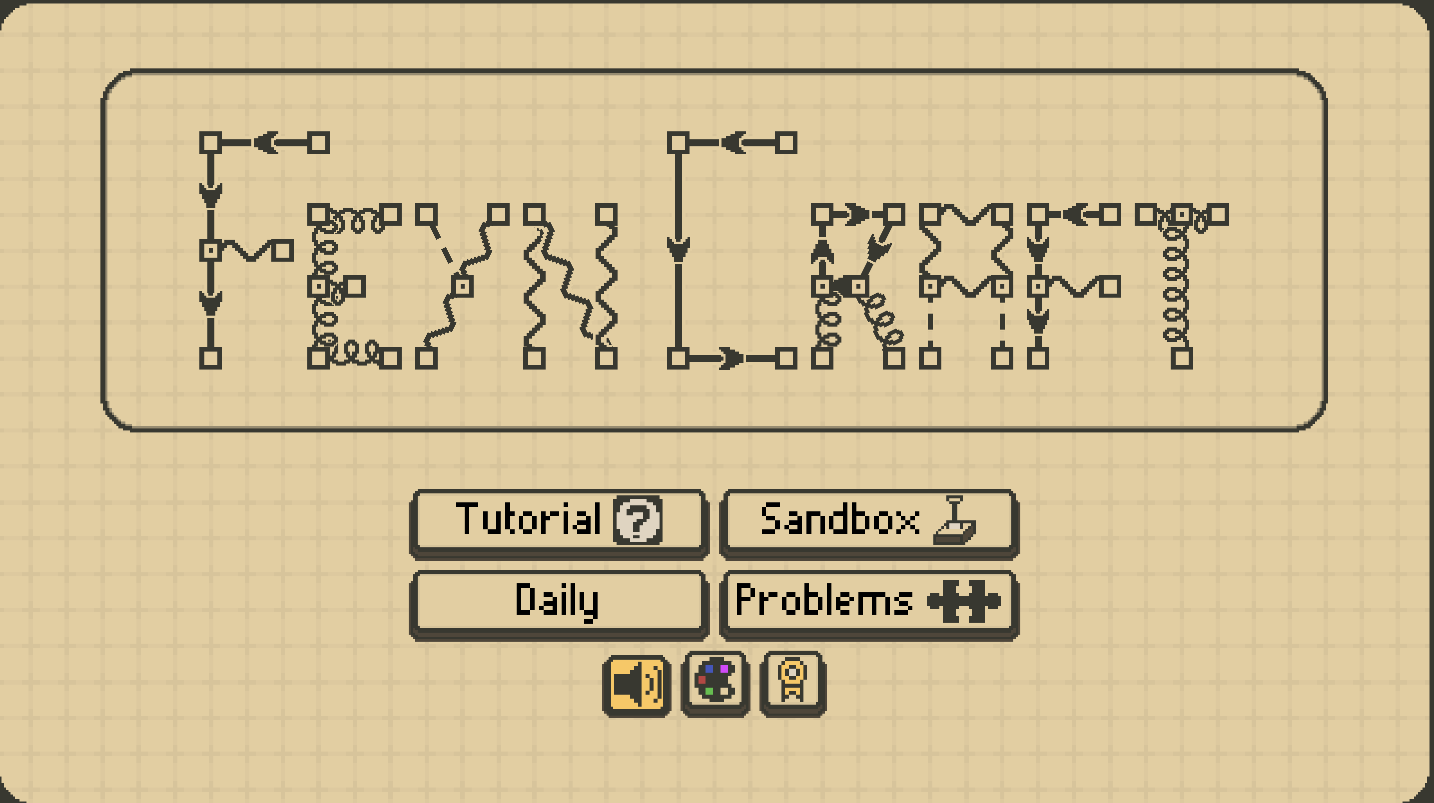 Figure 1: The main menu, the opening screen. From here users can play the tutorial, enter the sandbox, start solving problems, play the daily problem, and access palettes and credits.