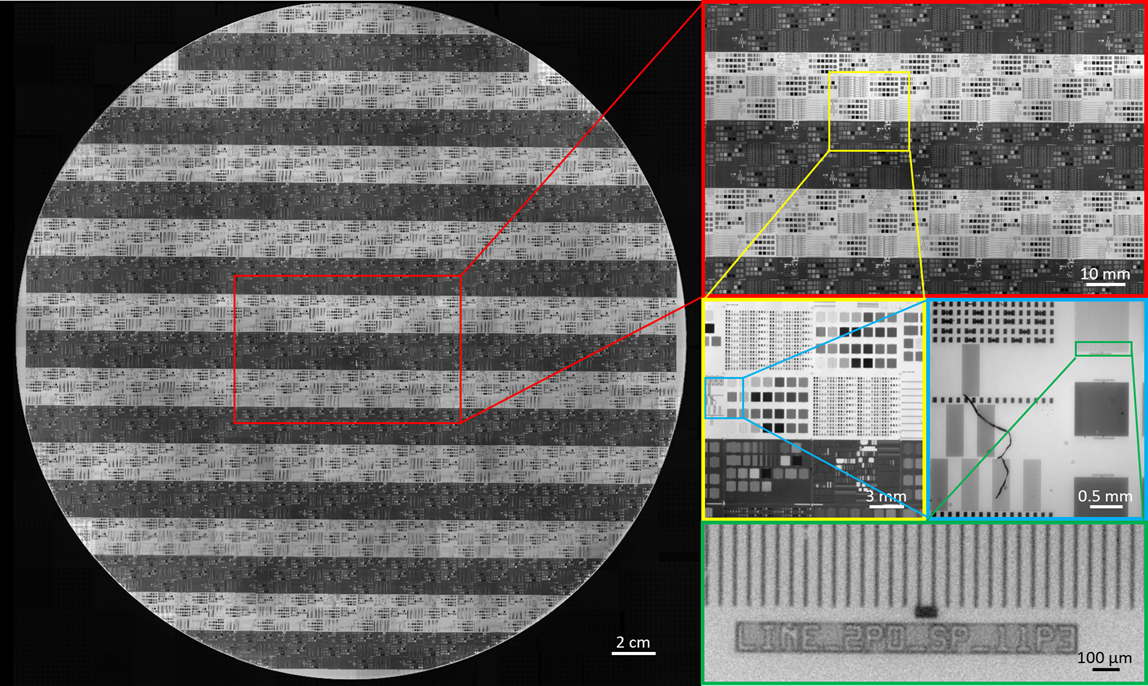 Figure 4: Stitched image of a 300 mm-diameter semiconductor wafer acquired using epi-MCAM. The image was stitched from 3 \times 5 tiled full-field FOVs, corresponding to a total of \sim​75 gigapixels.