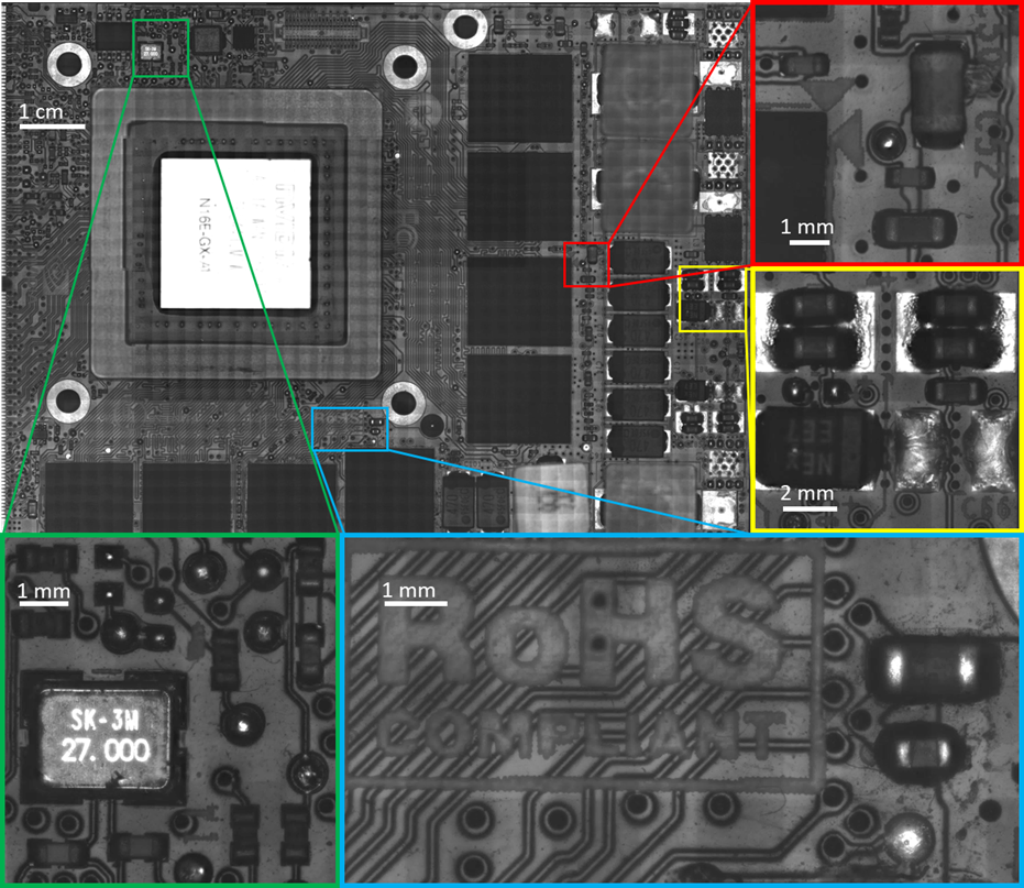 Figure 5: Stitched image of an NVIDIA GPU circuit board acquired using epi-MCAM. The board includes electronic components with varying heights, and the stitched image contains a total of \sim​6.4 gigapixels.