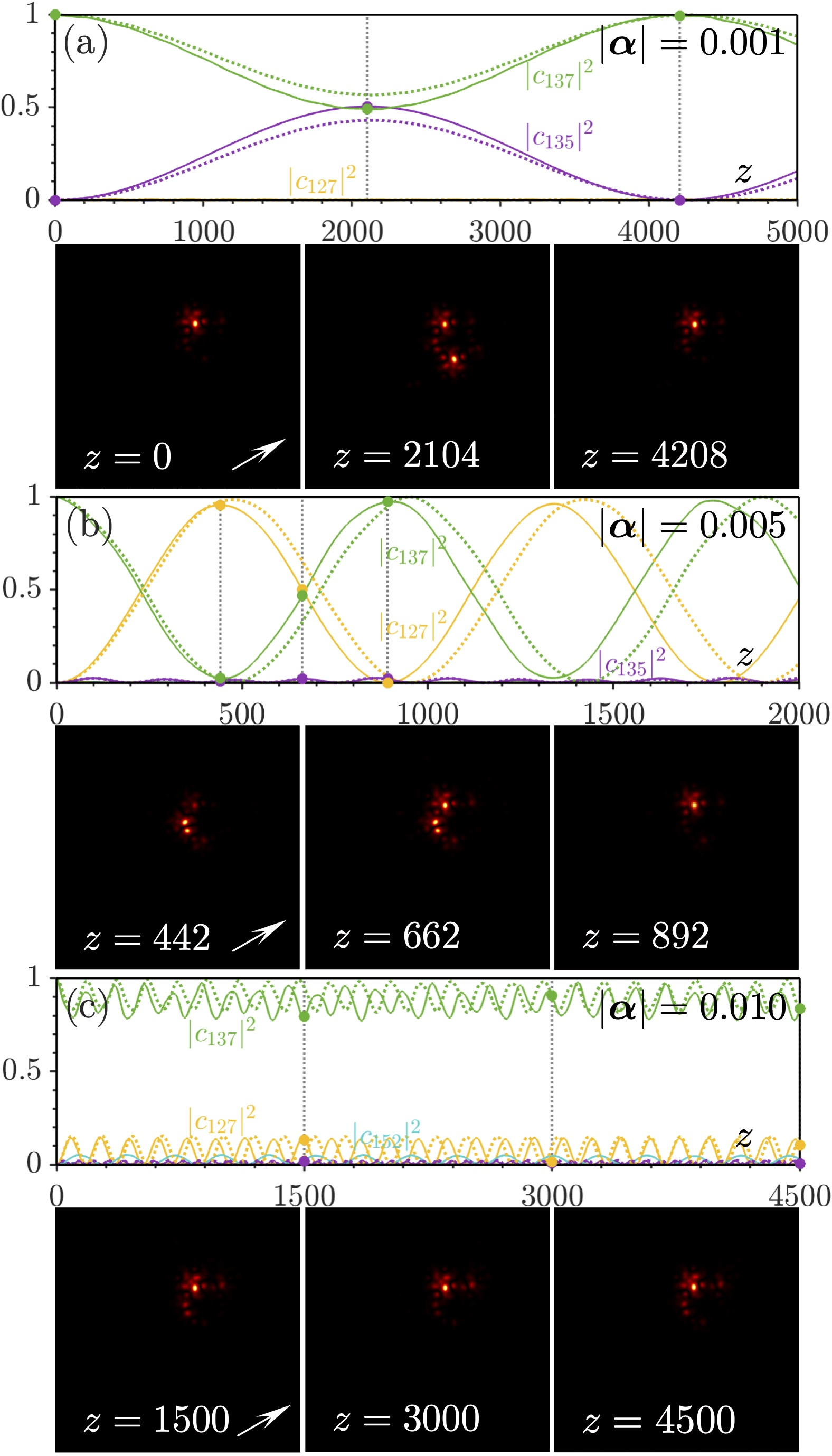 Figure 5: Evolution of weights |c_n |^2 of all linear modes of the system at |{\boldsymbol{\alpha}}|=0 for the angle \gamma=\pi/3 (top) and field modulus distributions at different values of z corresponding to the dots and vertical dashed lines in the top panels (bottom) for |{\boldsymbol{\alpha}}|=0.001 (a), |{\boldsymbol{\alpha}}|=0.005 (b), and |{\boldsymbol{\alpha}}|=0.010 (c). The initial state is mode n=137 of the system with |{\boldsymbol{\alpha}}|=0. Arrows indicate the direction of the gradient. The dashed lines show the analytical solution.