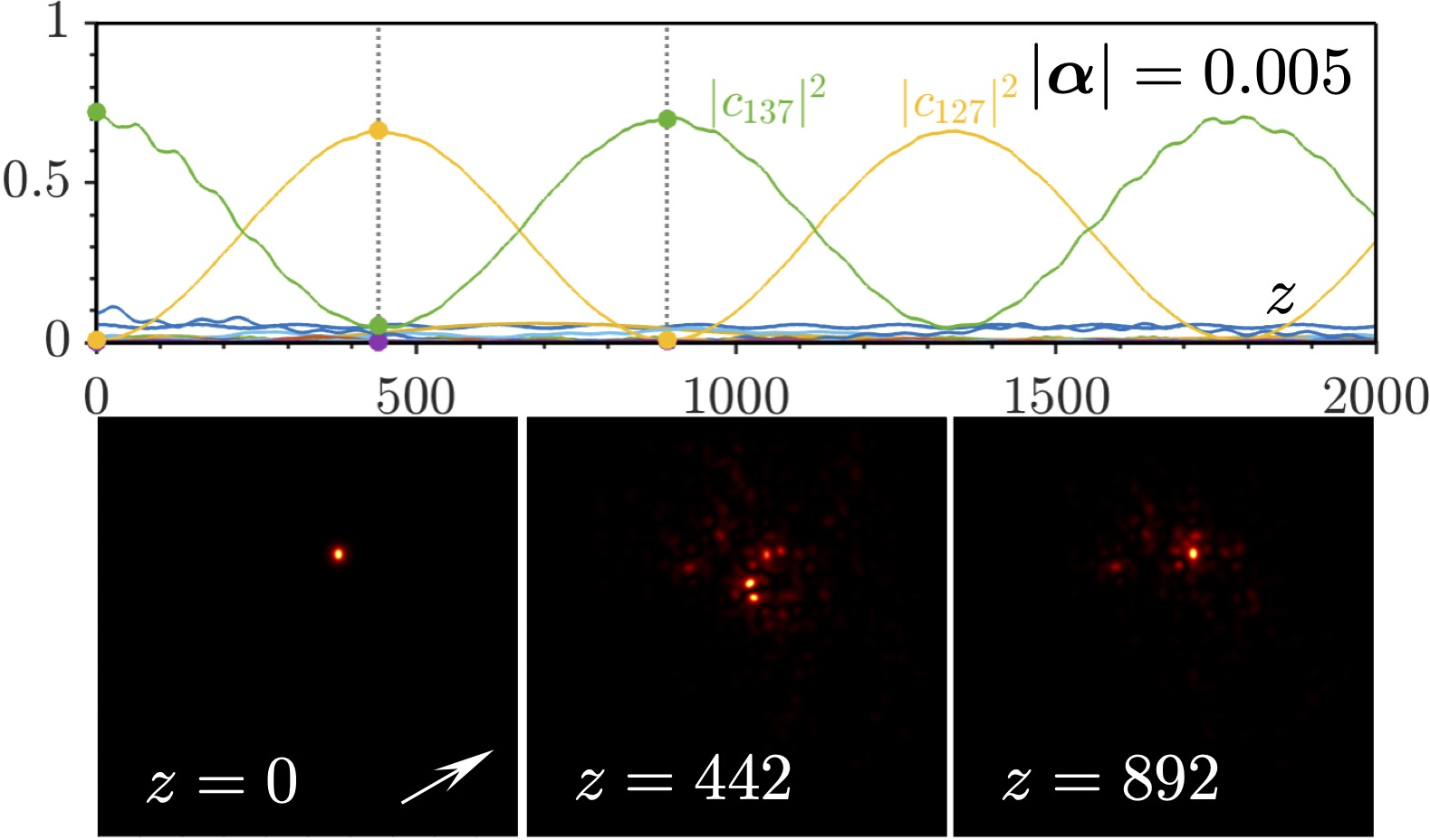 Figure 9: Evolution of weights |c_n |^2 of all linear modes of the system at |{\boldsymbol{\alpha}}|=0 for the angle \gamma=\pi/3 and |{\boldsymbol{\alpha}}|=0.005 (top) and field modulus distributions at different values of z corresponding to the dots and vertical dashed lines in the top panels (bottom). Results are shown for linear propagation with a single-site excitation. The arrow indicates the direction of the gradient.