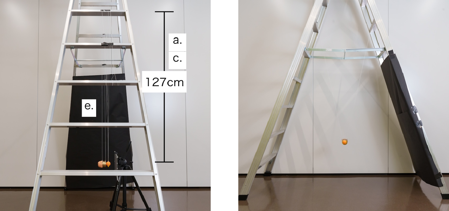 Figure 4: Photographs of the whole experimental apparatus. In the left figure, the wall has been removed so that the colliding bodies can be photographed.