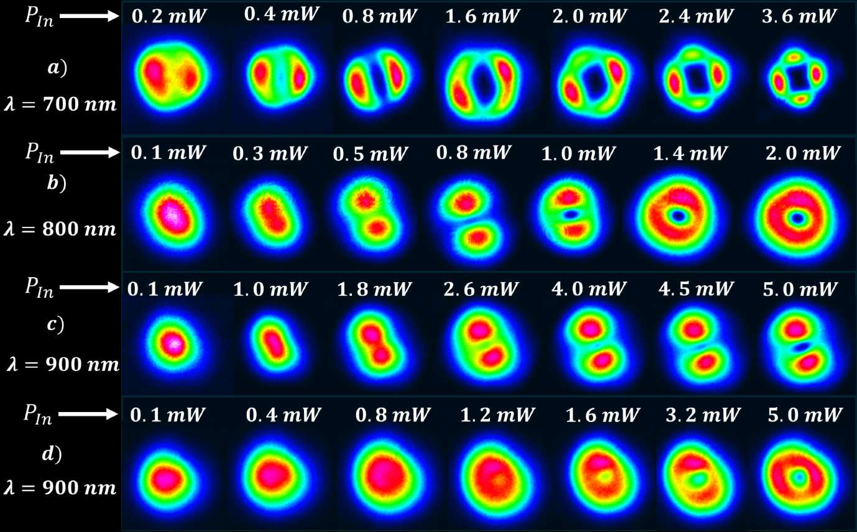 Figure 5: A fundamental mode reshaping near-field profile in a 50\text{ m}-long fiber with input wavelengths of (a) 700\text{ nm}, (b) 800\text{ nm}, and (c) 900\text{ nm}. (d) With an offset input, the same as (c), for different input average power \text{P}_{\text{In}}.