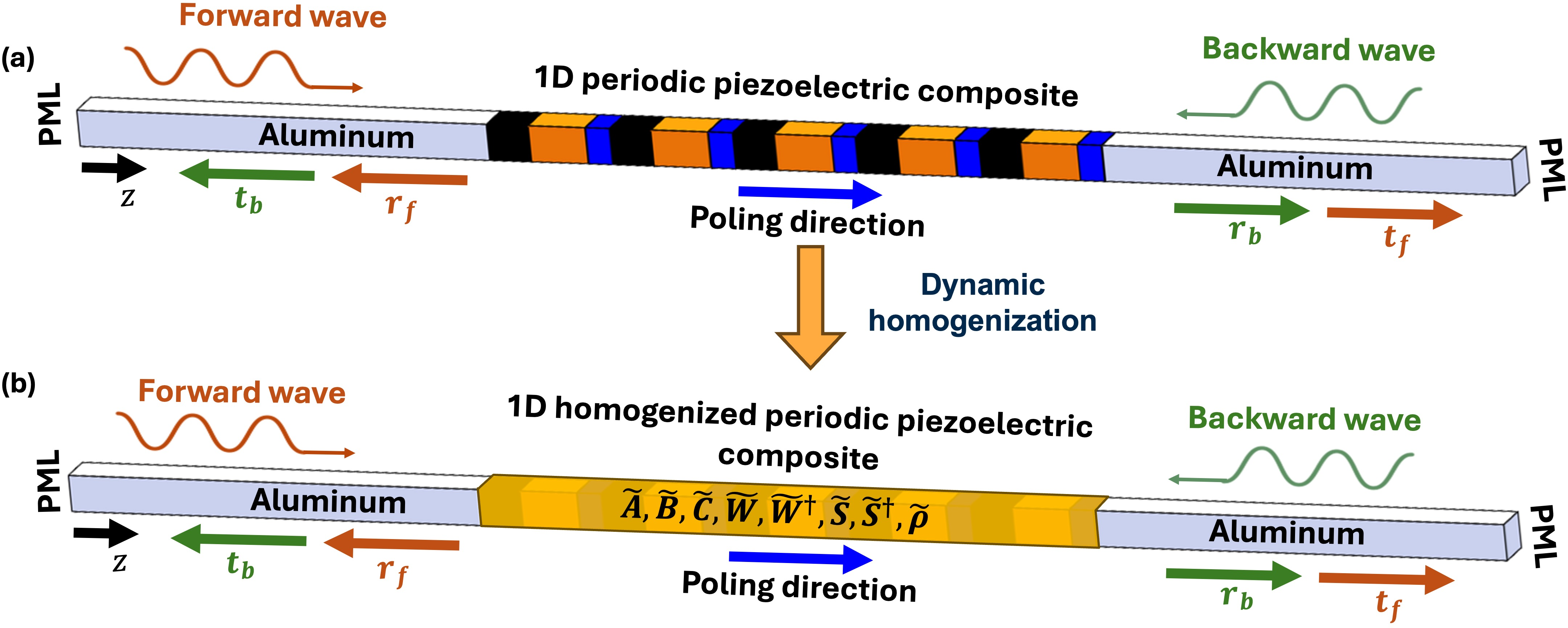 Figure 5: Dynamic homogenization of a layered piezoelectric composite. a, Schematic of a one-dimensional periodic piezoelectric composite consisting of alternating heterogeneous piezoelectric layers embedded between aluminum waveguide sections and terminated with perfectly matched layers (PML). Due to the lack of inversion symmetry and spatial variation, elastic waves exhibit direction-dependent reflection (r_f, r_b). b, The composite is dynamically homogenized into an equivalent continuum domain characterized by effective macroscopic properties. These include the stiffness tensor \tilde{\mathbf{C}}, effective density \tilde{\mathbf{\rho}}, and piezoelectric coupling tensors \tilde{\mathbf{A}} and \tilde{\mathbf{B}}. Importantly, the homogenized model also incorporates the Willis coupling tensors \tilde{\mathbf{S}}, \tilde{\mathbf{S}}^\dagger (describing coupling between momentum and strain), and the electro-momentum coupling tensors \tilde{\mathbf{W}}, \tilde{\mathbf{W}}^\dagger (capturing coupling between electric field and momentum). The homogenized medium retains the same poling direction as the original layered system and reproduces its macroscopic wave behavior. This framework enables effective modeling of asymmetric wave propagation in complex piezoelectric composites.
