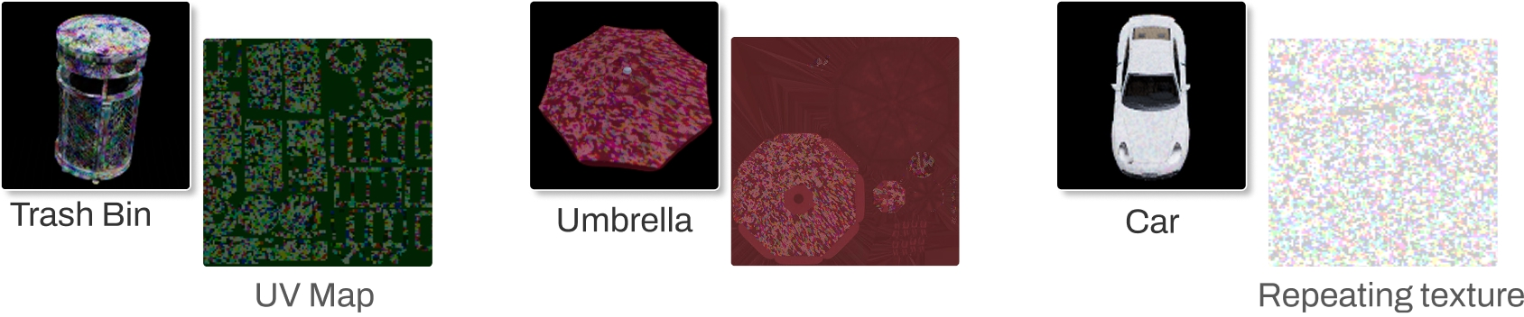 Figure 6: UNDREAM enables optimization of 3D objects of arbitrary shapes. For large objects (e.g., car), Unreal allows the texture to repeat, thus covering the whole object.