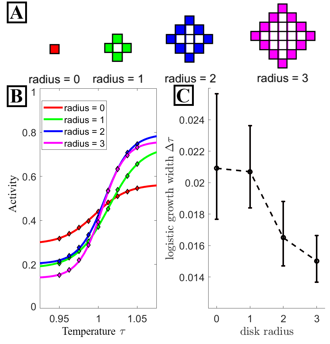 Figure 3: Larger components are more sensitive to critical solvent properties. A: Visual schematic of lattice shape for each disk radii discussed here. A network containing radii zero components has spatial configurations equivalent to the standard 2D Ising model. The solid boundary of each disk denotes the spins which interact with the solvent while the spins they bound have no impact. B: Activity data (diamond markers) for various disk radii along with the result of fitting each data set with a logistic function (solid lines). C: The growth width \Delta \tau of the logistic curve fits from A. Increasing disk size results in a stronger sensor of T_c. The error bars here denote the 95% confidence interval for each \Delta\tau value. All fit values are tabled in the supplement.