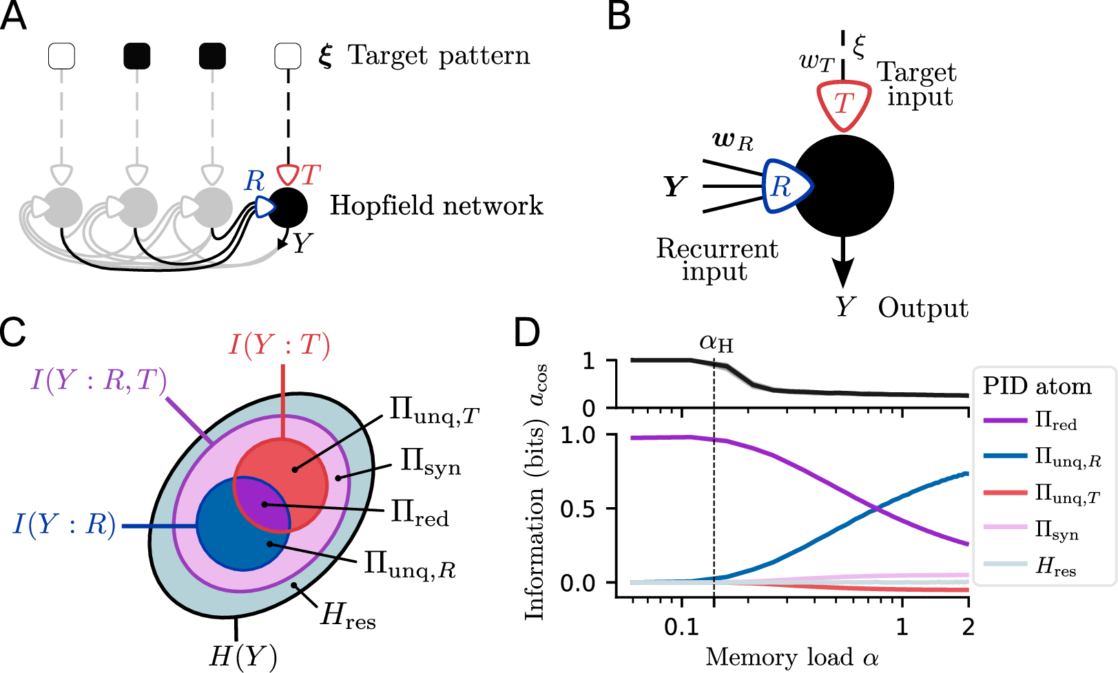 Figure 2: For classical Hopfield networks trained with Hebbian learning, redundant information between target and recurrent input coincides with successful memory storage. A: Schematic of the analysis set-up for Hopfield networks. To measure how information is represented, each neuron is compared to a non-driving target input T that provides the ground-truth pattern, in addition to its recurrent input R. B: Each neuron in the Hopfield network aggregates its recurrent inputs and produces an output Y. The neurons are initialized in the target state \xi. C: Partial information decomposition (PID) separates the entropy of the output Y into five parts: Unique information (provided by only one of the two inputs), redundant (shared by both inputs), synergistic (emerging only from the combination of inputs) and residual entropy (not explained by the inputs). D: The PID profile as a function of memory load \alpha. Below the networks memory capacity (\alpha_\mathrm{H} \approx 0.14, indicated by dashed black line), the redundancy \Pi_{\red} is high. Above capacity, as recall fails, redundancy collapses and is replaced by unique information from the recurrent input. The accuracy of recall is shown in black. The PID profiles show the median of 20 network initializations, with values first averaged across all neurons. The accuracy curve is the median of the 20 initializations. Shaded areas indicate the central 90\,\% percentile of values. Results are from a network with N=500 neurons to minimize finite-size effects (see 9.2). A more technical and analytical discussion of the results, including a reproduction of panel D using other PID measures, can be found in Appendix 10.