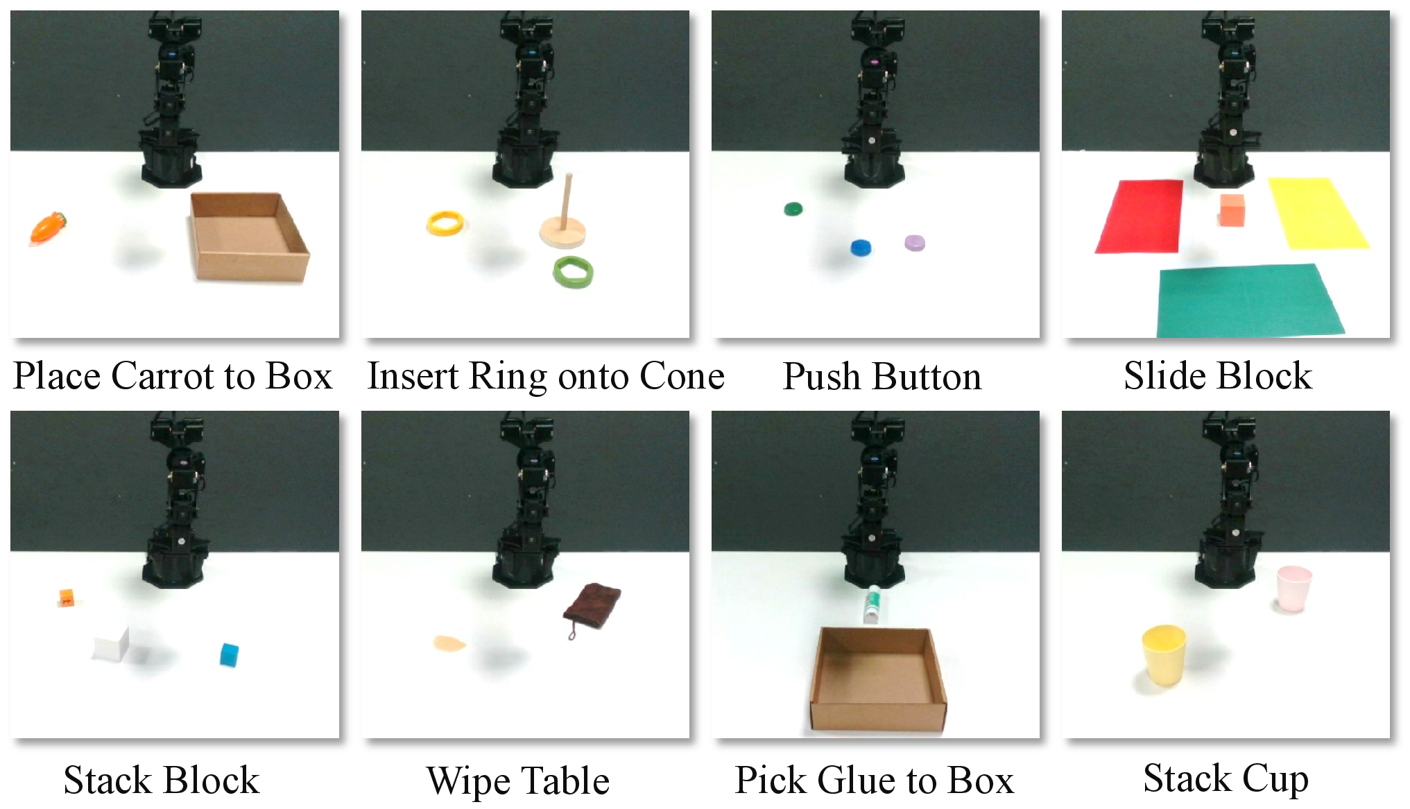 Figure 4: Real-world tasks. We employed 8 distinct tasks with a total of 15 variants in real-world experiments.