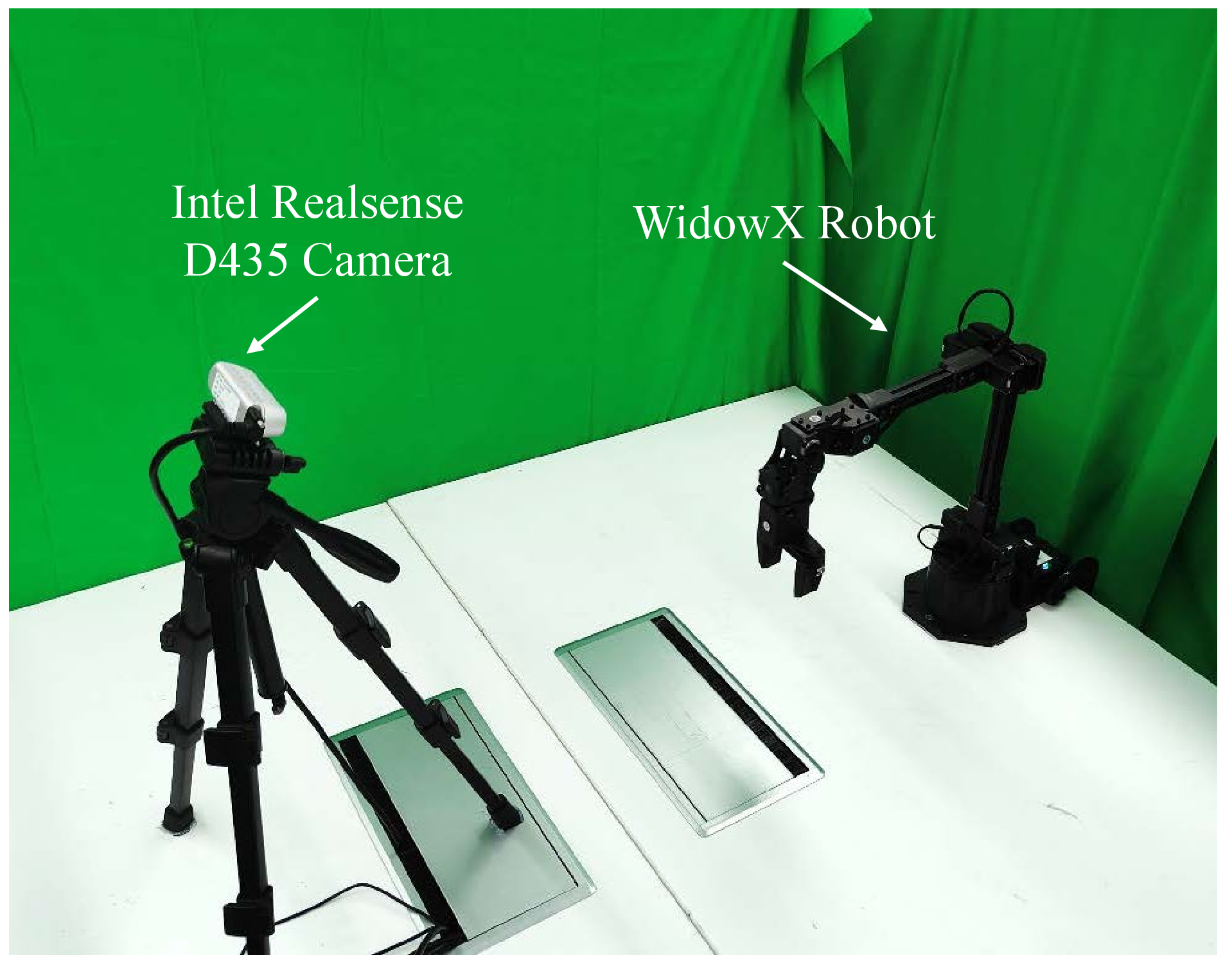 Figure 9: Real-World Robot Setup. WidowX-250 arm and Intel RealSense D435i camera mounted 0.8 m apart in a front-facing configuration.