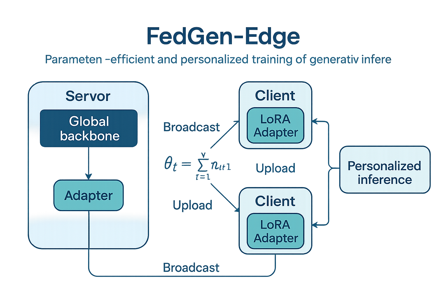 Figure 1: Overall architecture of FedGen-Edge. The server holds a frozen global backbone M_G(\theta_G) and a global adapter A_G^t. In each round, the server broadcasts A_G^t; selected clients locally train only their LoRA adapters on private data and upload the updated adapters for weighted aggregation to obtain A_G^{t+1}. Personalized inference uses M_G \oplus A_k.