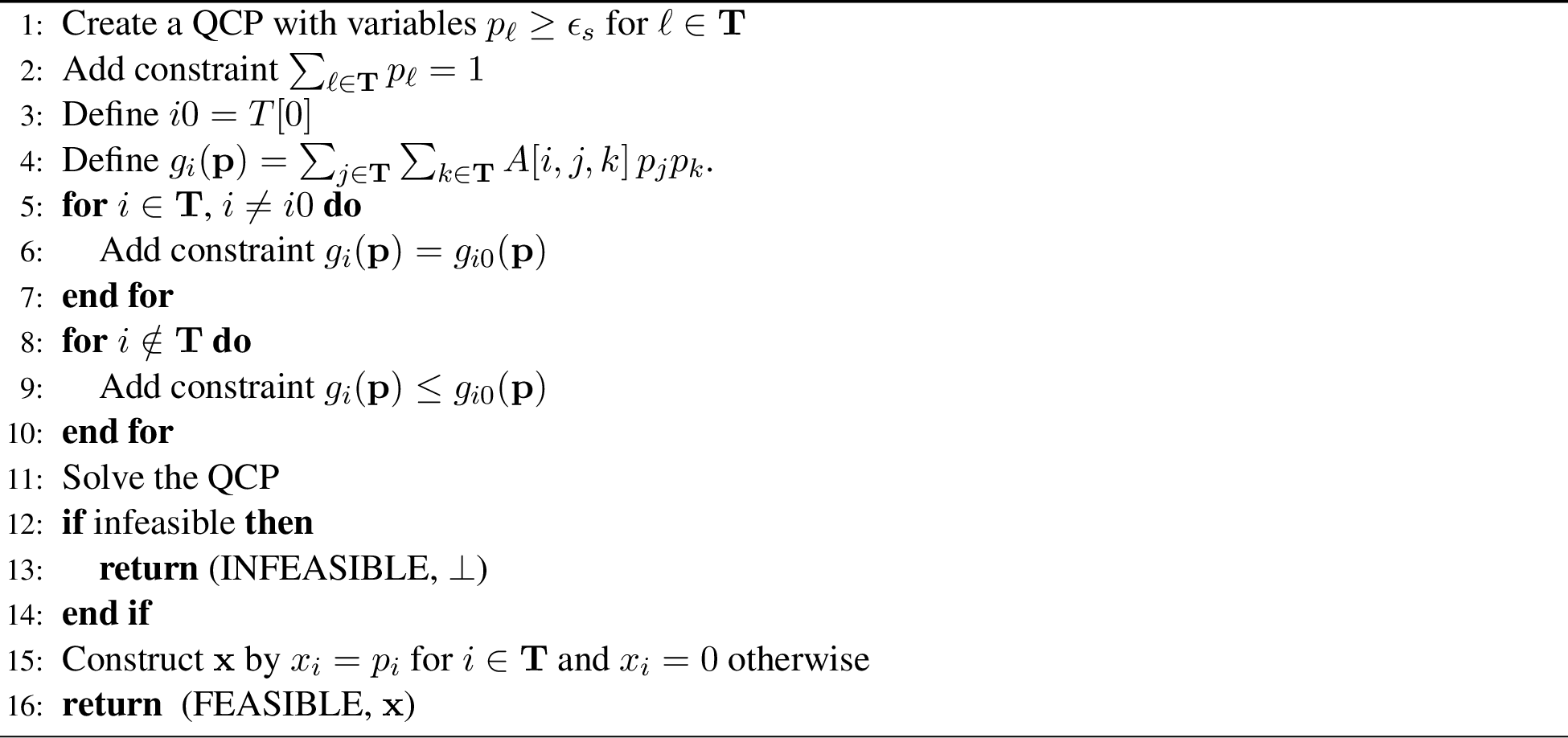 Figure 2: SNE_SupportQCP(\mathbf{A},\mathbf{T},\epsilon_s)