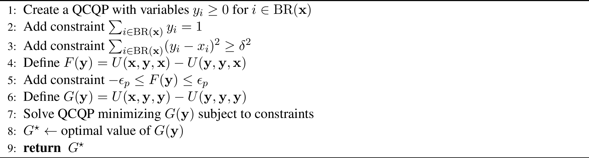 Figure 5: ESS_LEVEL2_QCQP(\mathbf{A},\mathbf{x},\mathrm{BR}(\mathbf{x}),\epsilon_p,\delta)