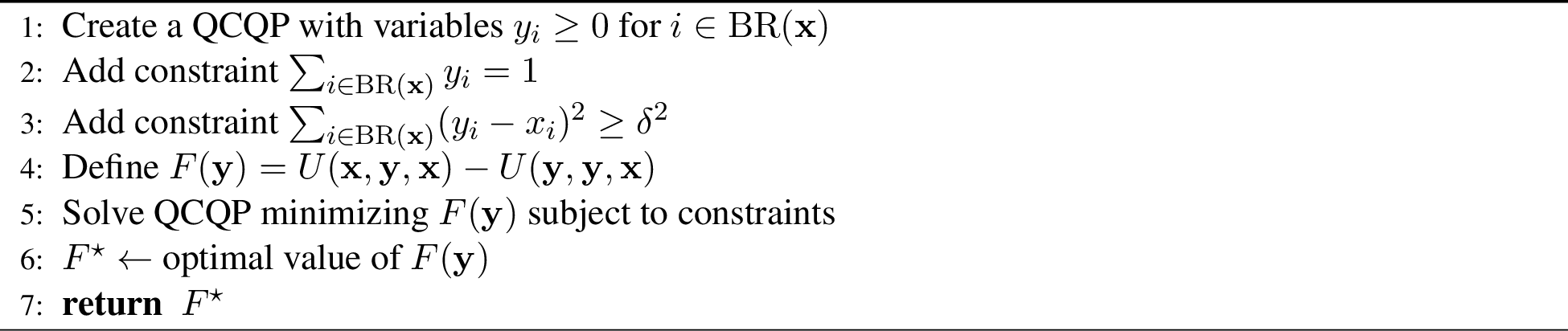 Figure 4: ESS_LEVEL1_QCQP(\mathbf{A},\mathbf{x},\mathrm{BR}(\mathbf{x}),\delta)