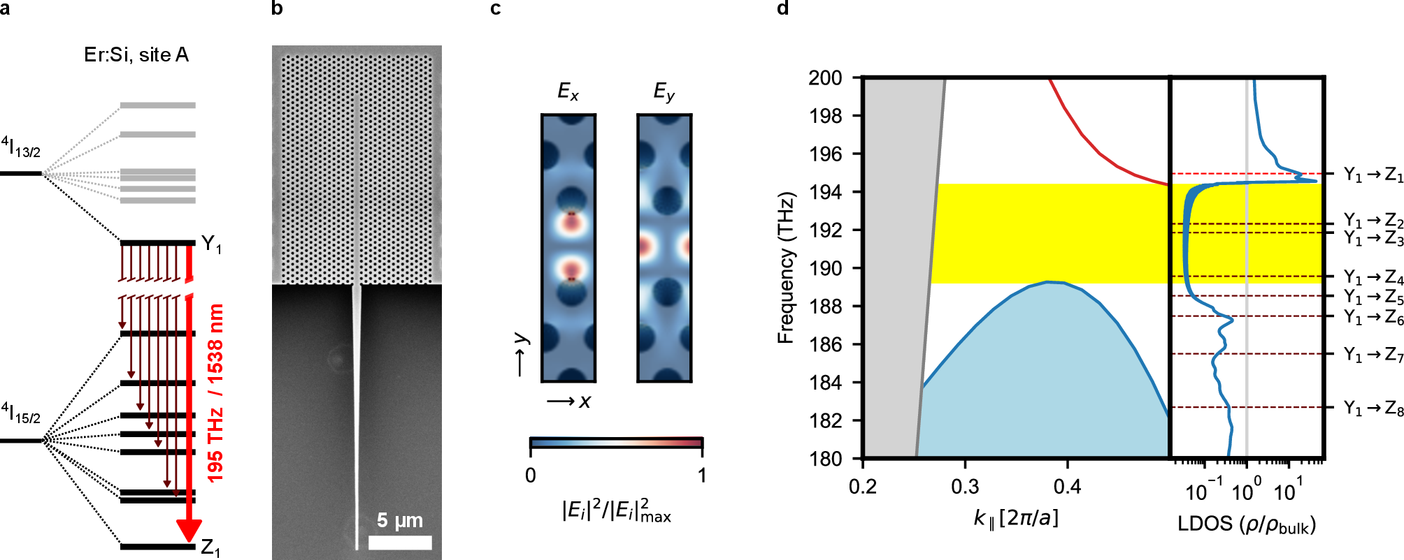 Figure 2: Photonic crystal waveguide (PCW) for tailoring the radiative decay of individual erbium dopants in silicon. a,  Level scheme. The interaction with the host crystal splits the spin-orbit coupled energy levels ^4\text{I}_{15/2} and ^4\text{I}_{13/2} of erbium’s 4f electrons into the crystal field levels Z_1 to Z_8 and Y_1 to Y_7, respectively. At cryogenic temperatures, the Y_1 and Z_1 levels cannot decay via phonon emission and thus exhibit long optical coherence. b,  W1 waveguide. The scanning electron microscope image shows a representative PCW terminated by a tapered fiber coupler at the bottom and a photonic crystal mirror at the top. c,  Normalized absolute value squared of the strongest electric field components, E_x (left panel) and E_y (right), of the guided eigenmode in a unit cell of the W1 waveguide. d,  Simulated photonic band structure (left) and LDOS (right) for a y-dipole at the maximum field position of E_y. Above the line where \omega/k_{\parallel} equals the speed of light (grey area), the spectrum of states is continuous. Below, a photonic band gap is formed, surrounded by slab modes (light blue) with reduced LDOS. Along the \Gamma-K direction (k_{\parallel}), two modes are guided in the W1 waveguide. Below the lower, even mode (red), an approximately 5 THz wide gap (yellow) remains. Thus, the LDOS is significantly reduced for all transitions (Y_1\rightarrow Z_2...Z_8, right axis) of embedded erbium dopants, suppressing their spontaneous emission. In contrast, on the \text{Y}_1\leftrightarrow \text{Z}_1 transition, the slow light effect leads to an increased LDOS and an enhanced decay into the guided mode.