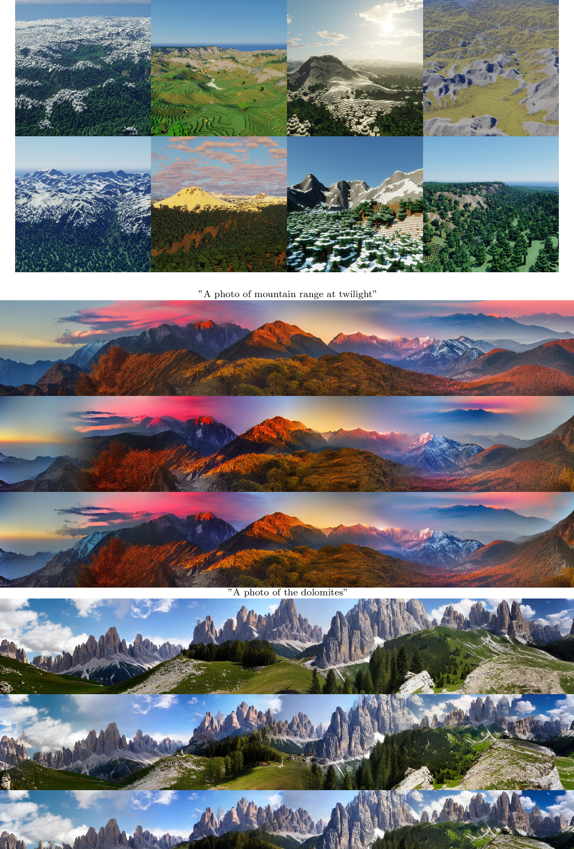 Figure 5: Eight Minecraft scenes generated from Terrain Diffusion using a single fixed biome mapping derived from the model’s climatic outputs. The Distant Horizons mod is used to increase render distance, and Bliss shaders are used to enhance visuals.
