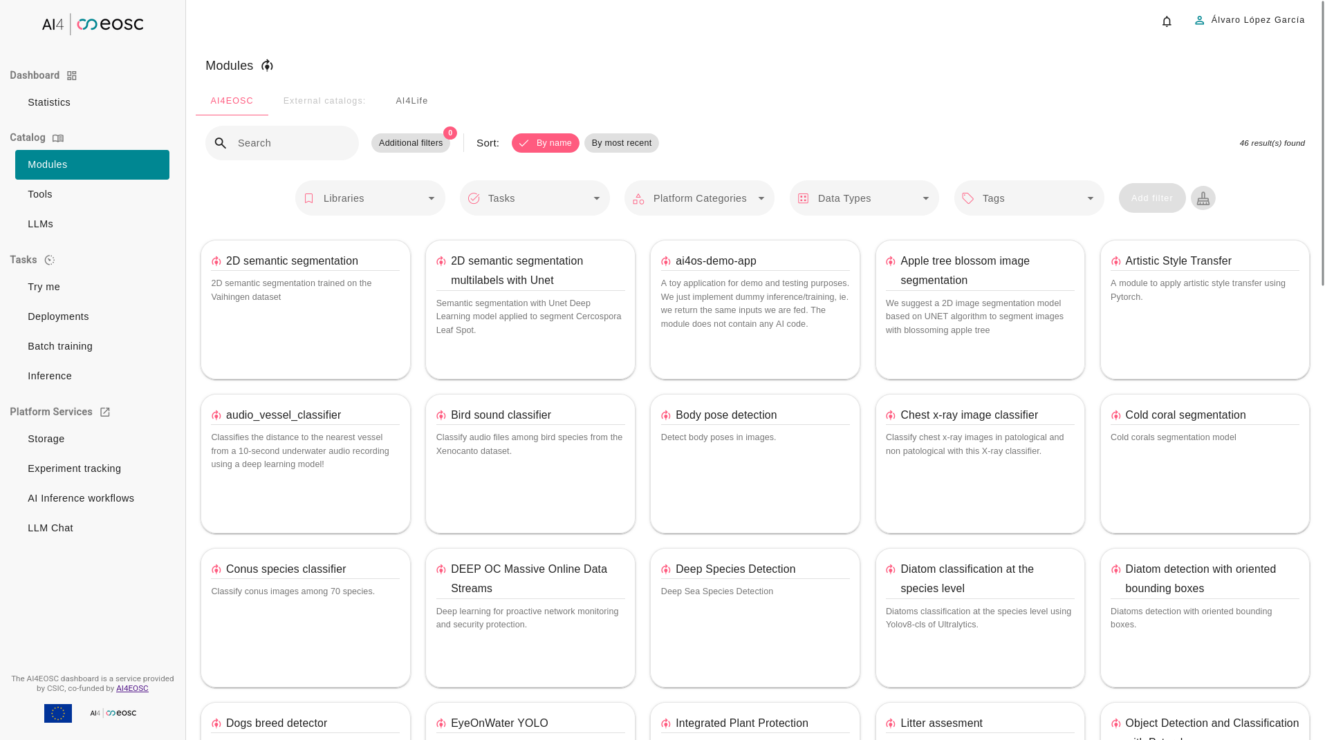 Figure 4: A snapshot of the AI4EOSC dashboard (available at https://dashboard.cloud.ai4eosc.eu) providing an overview of the existing AI modules in the platform.