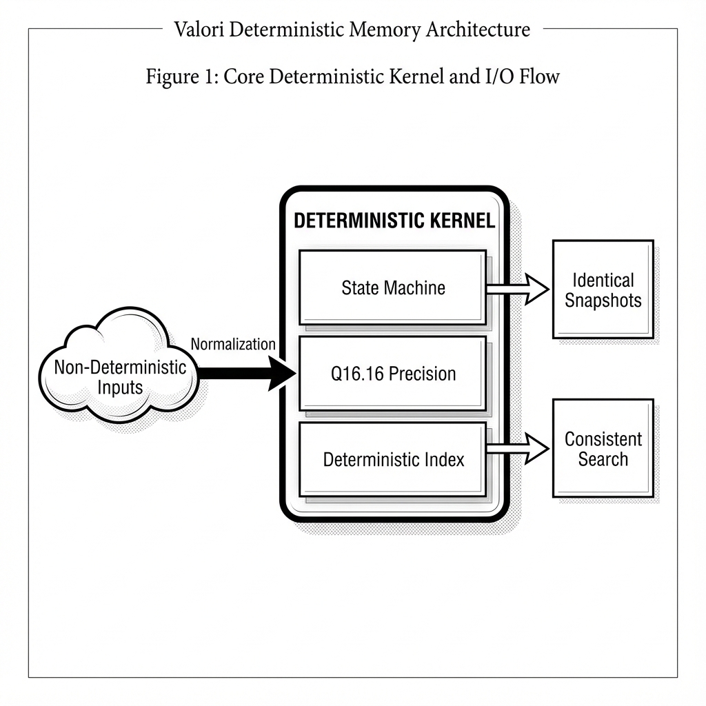 Figure 1: Valori Architecture: The Kernel operates as a pure deterministic core, wrapped by interface layers (Python FFI or Node HTTP) handling I/O.