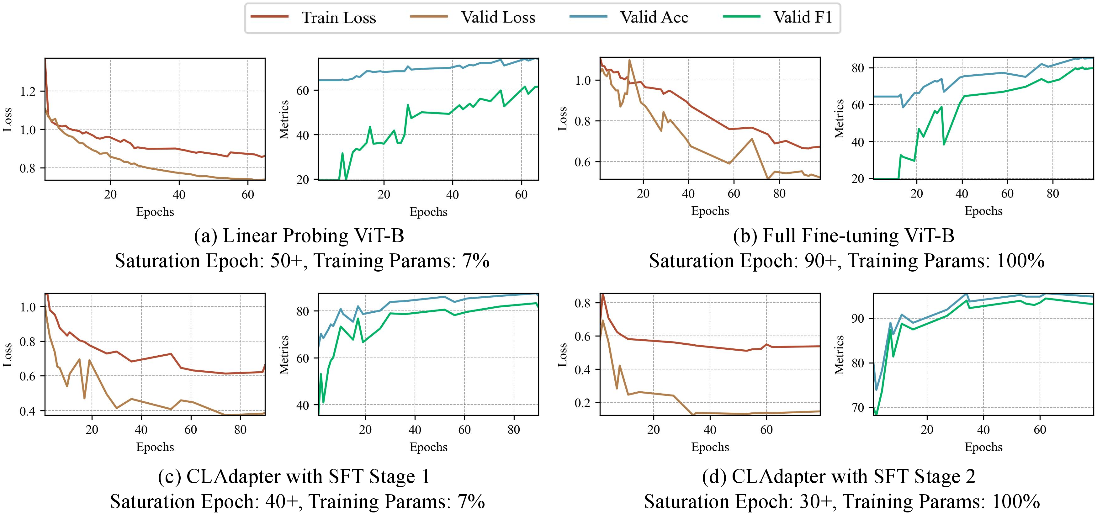 Figure 4: Efficiency comparison of fine-tuning methods. CLAdapter achieves significant performance improvement with fewer training epochs and parameters, indicating both high effectiveness and efficiency. Note that standard augmentations are only applied to the training set to mitigate overfitting but not to the validation set, which results in lower validation loss than training loss.
